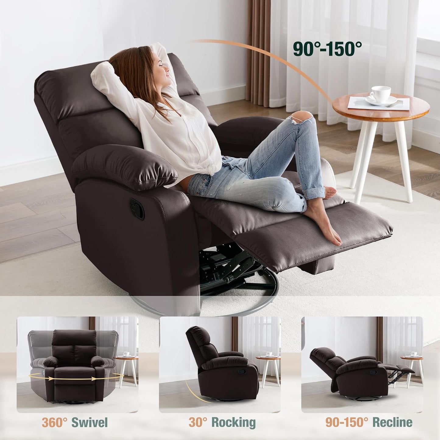 Swivel Rocker Recliner, Rocking Recliners Chair for Small Spaces, Small Rocker Recliner Chair, Nursery Rocking Chairs for Living Room, RV, Nursery, Brown