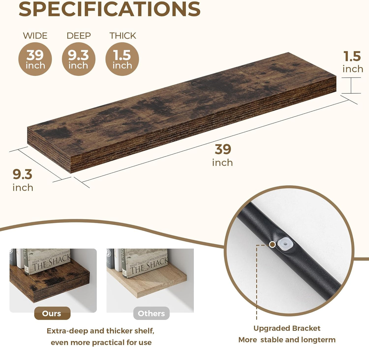 Dreamland 40 Inches Floating Shelves for Wall, 9.3" Deep Long Floating Shelves Set of 2, Large Display & Storage Shelf, Wall Shelf for Bathroom Bedroom Living Room Kitchen Office, Rustic Brown