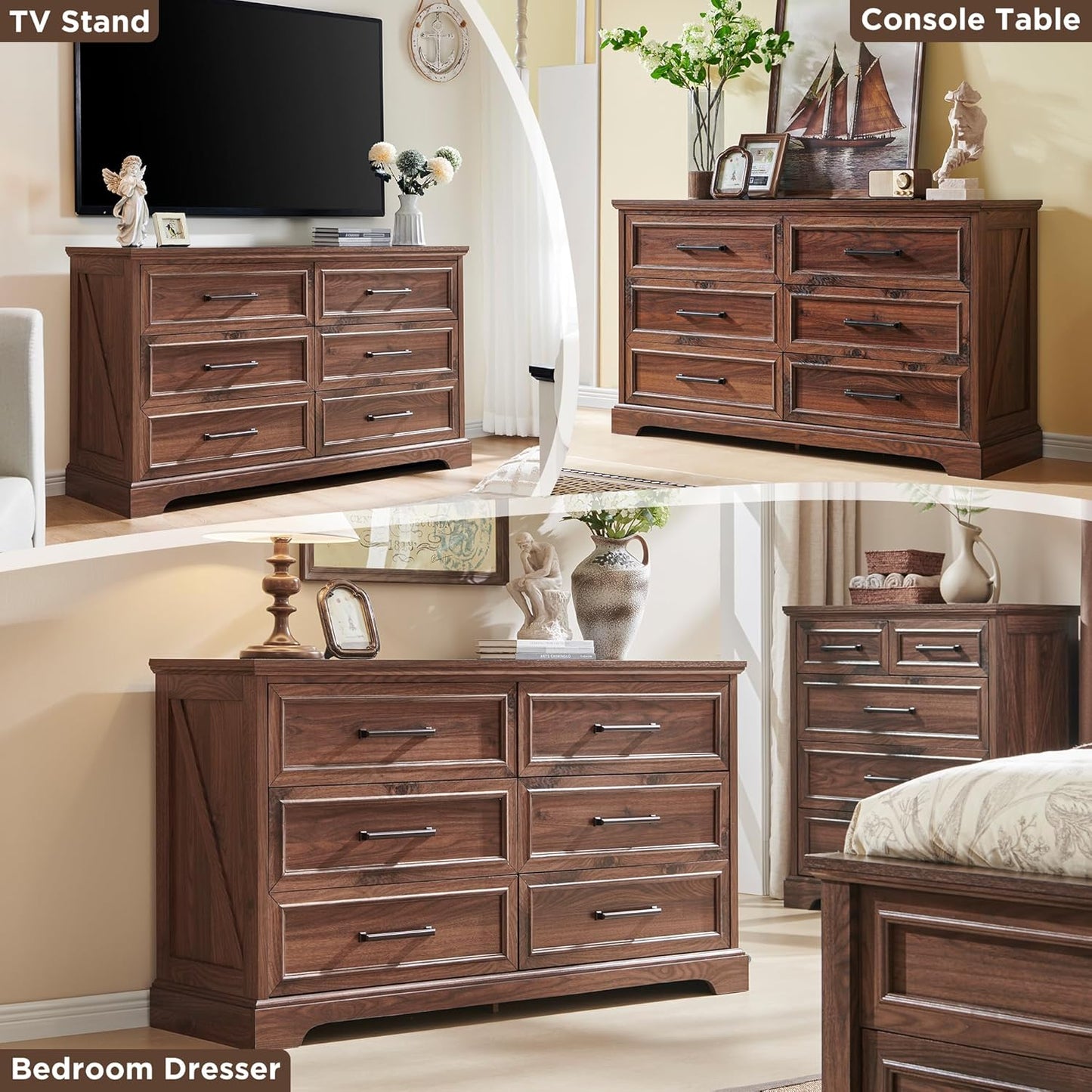 Farmhouse 6 Drawer Dresser for Bedroom, 52 Inch Wide Modern Dresser TV Stand with Large Drawers & Bar Handles, Rustic Wood Chest of Drawers for Bedroom, Living Room, Hallway, Brown