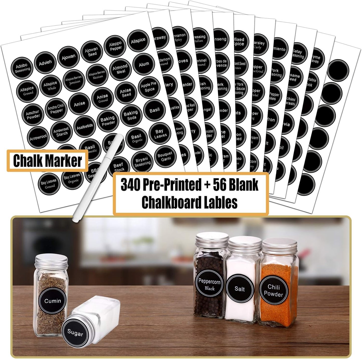 SWOMMOLY Spice Rack Organizer with 36 Empty Square Spice Jars, 396 Spice Labels with Chalk Marker and Funnel Complete Set, for Countertop, Cabinet or Wall Mount,Silver