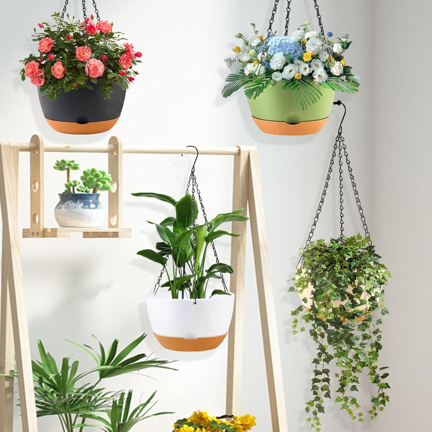 10 inch Hanging Planters Self Watering Pots for Indoor Plants, 3 Pack Plastic Hanging Basket with Removable Tray for Home Garden Porch Balcony Patio Decor (White)