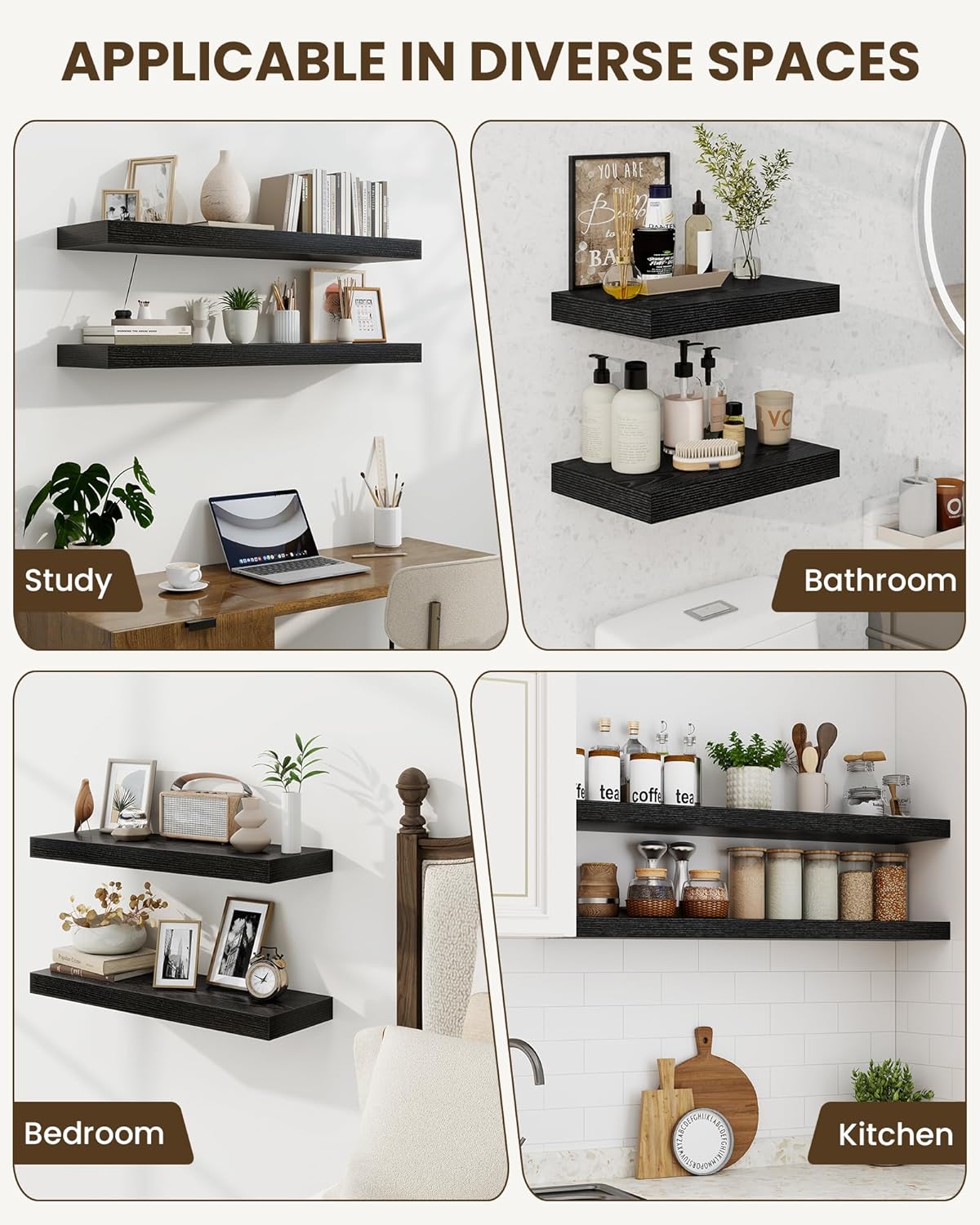 Marsmiles 39" Floating Shelves for Wall, Wooden Shelves with Invisible Brackets Set of 2, Rustic Farmhouse Wall Mounted Shelf for Kitchen Bathroom Living Room Study, Black