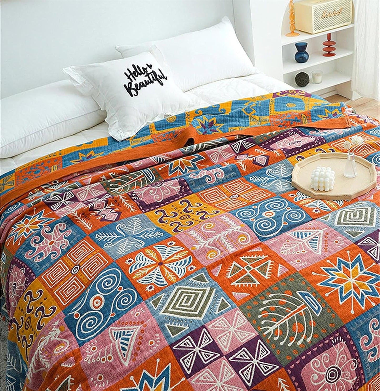 Boho Throw Blanket King Size Christmas Blanket 100% Cotton Blankets for Couch Bed, Cotton Quilts Muslin Bed Blanket 90''x 98'' Cozy Pre-Washed Decor Gift for All Seasons