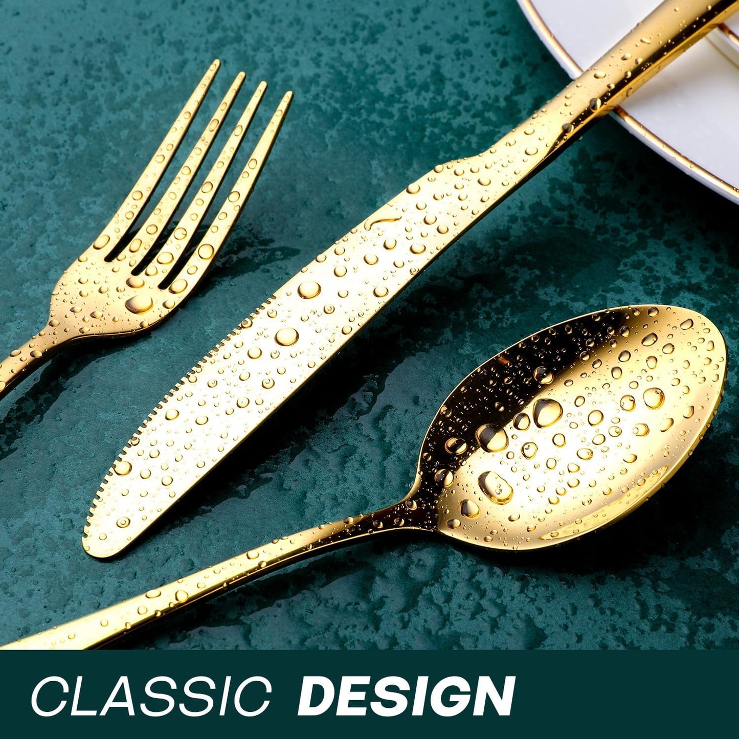 Gold Silverware Set for 8, OGORI 45-Piece Stainless Steel Flatware Set with Serving Set, Mirror Polished Cutlery Set with Serving Utensils Spoon for Kitchen Party Supply