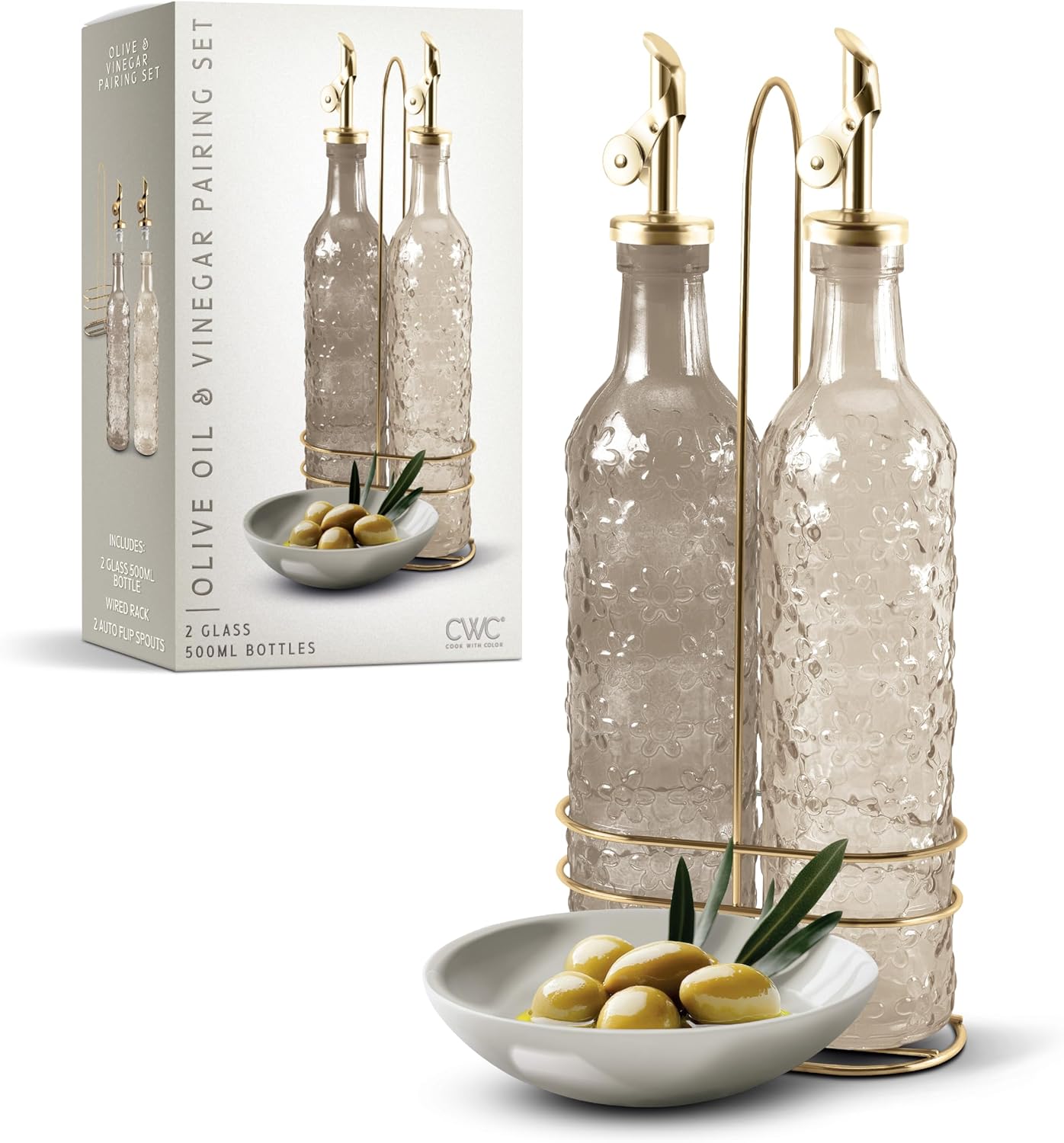 COOK WITH COLOR Glass Olive Oil Bottle Dispenser - 2 Pack- 17oz Oil and Vinegar Cruet - Olive Oil Carafe Decanter for Kitchen