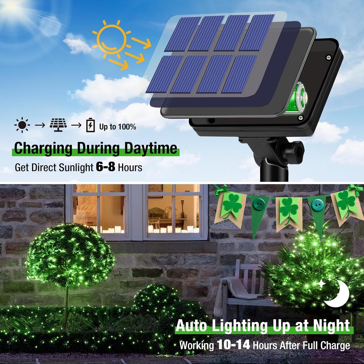 btfarm 4 Pack Solar String Lights Outdoor, 320LED 132FT Halloween Solar Fairy Lights Outside Waterproof, 8 Modes Solar Powered Twinkle Lights for Tree Garden Patio Halloween Decorations, Green