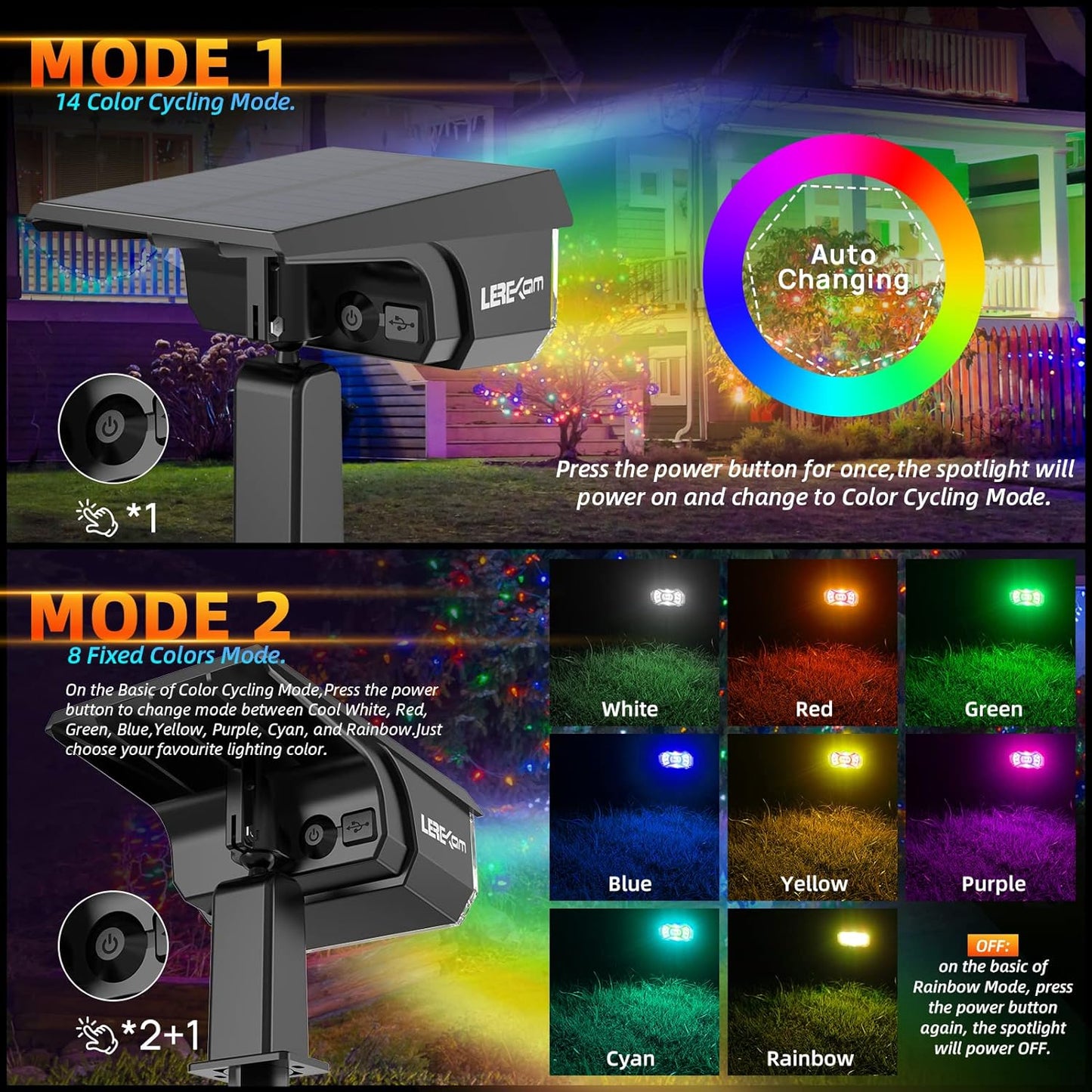 Solar Outdoor,40 LEDs Color Changing RGB Solar Landscape Path Lights,USB & Solar Powered Multicoloured Spotlights,14 Colors Auto Cycling Spotlights for Yard,Garden,2 Pack