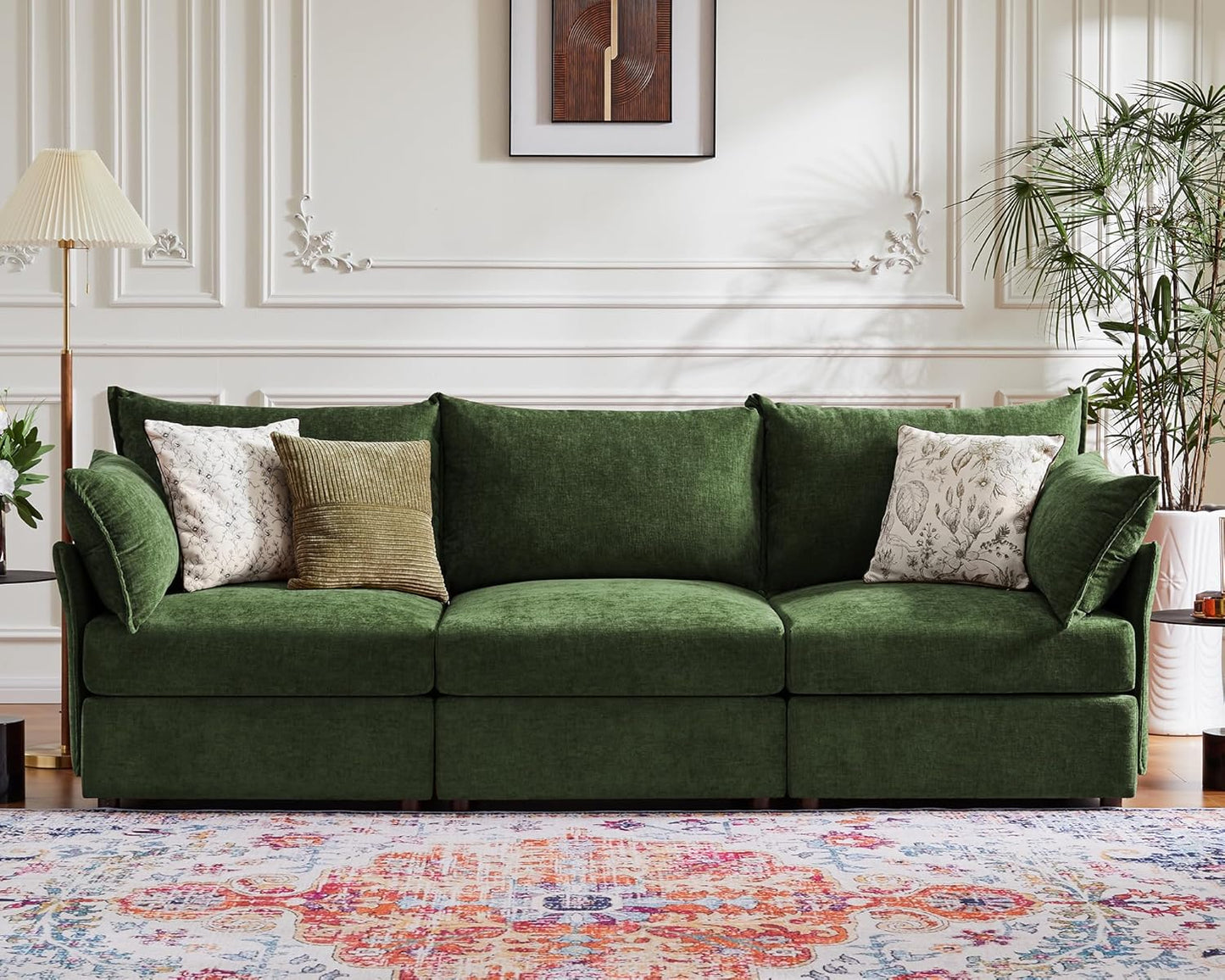 102.6" Modular Sectional Sofa, Oversized 3-Seater Green Couch with Removable Chenille Fabric Cover, Deep Seat & High Backrest for Living Room, Office & Apartment
