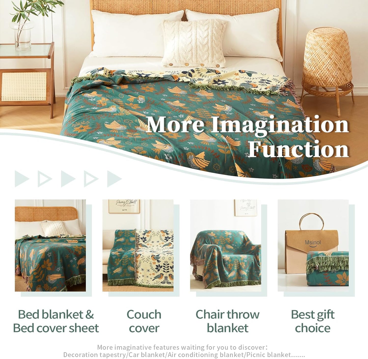 Cotton Throw Blanket Ultra Soft Bed Throw Reversible Queen Size Blanket for Bed Farmhouse Decor Sofa Cover Multifunctional use (60"x80",01-Cute Bird)