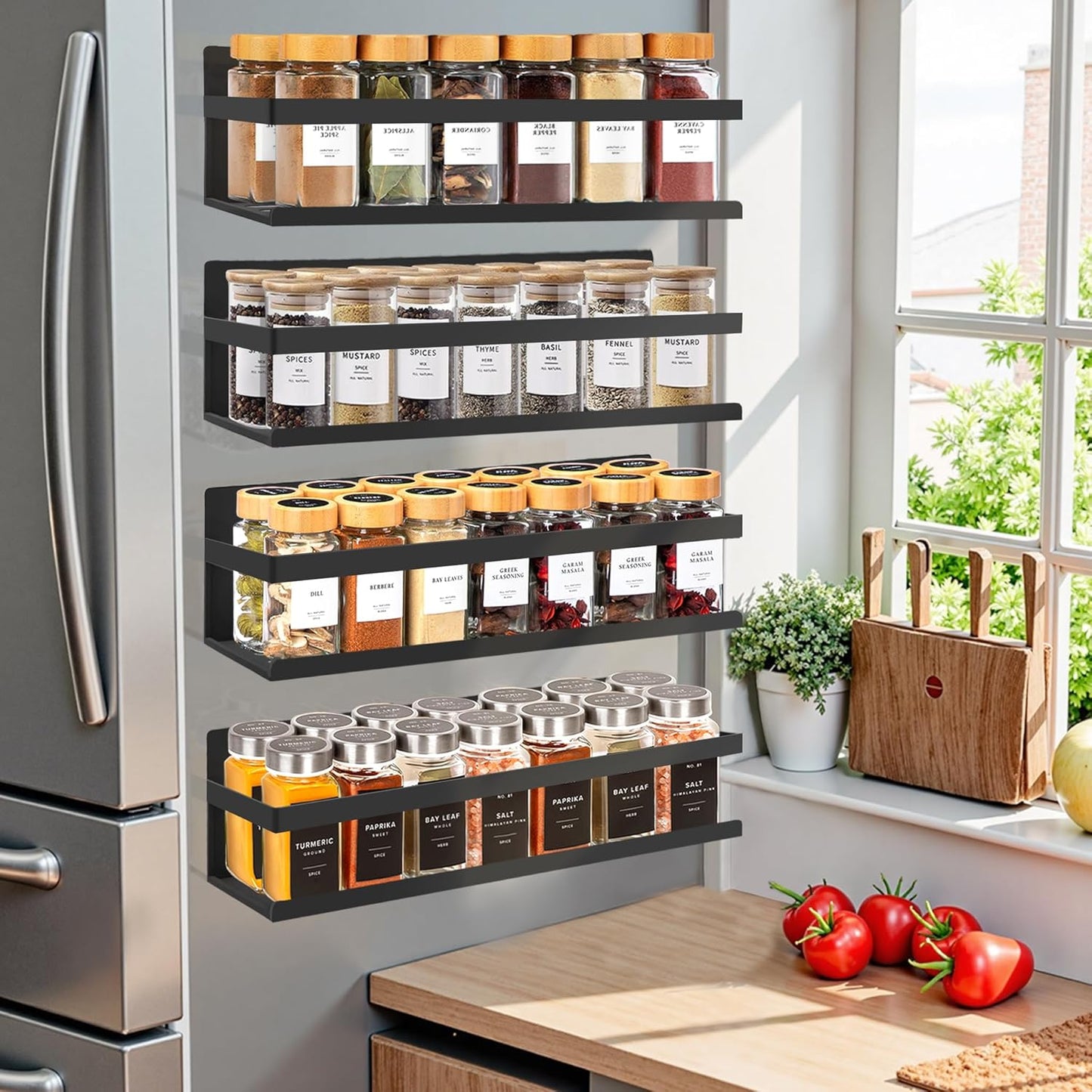 Magnetic Spice Rack Organizer for Fridge Seasoning Organizer for Kitchen Storage With Screw Magnetic Shelf for Oven, RV,Garage,Bathroom(Black, 4pack)