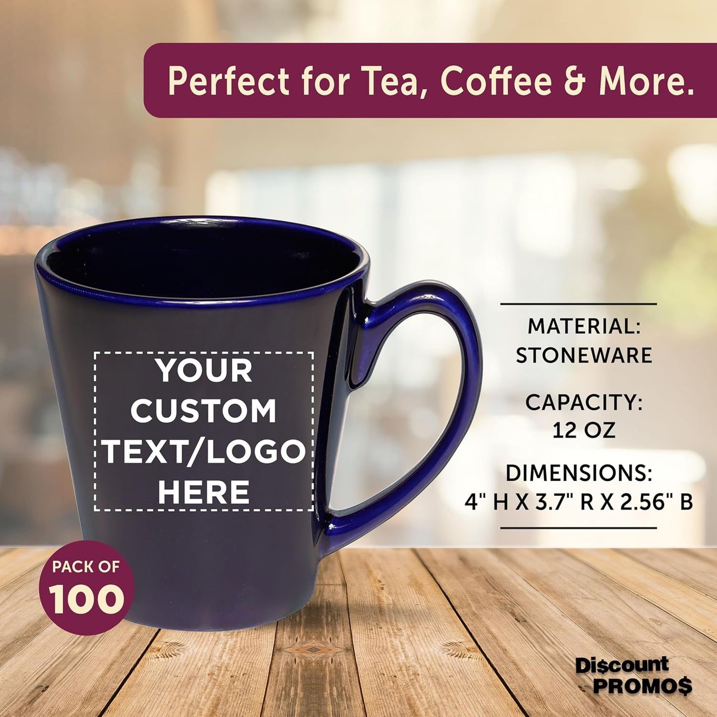 DISCOUNT PROMOS Custom Glossy Ceramic Latte Coffee Mug 12 oz. Set of 100, Personalized Bulk Pack - Perfect for Tea, Espresso, Cappuccino, Hot Cocoa - Blue