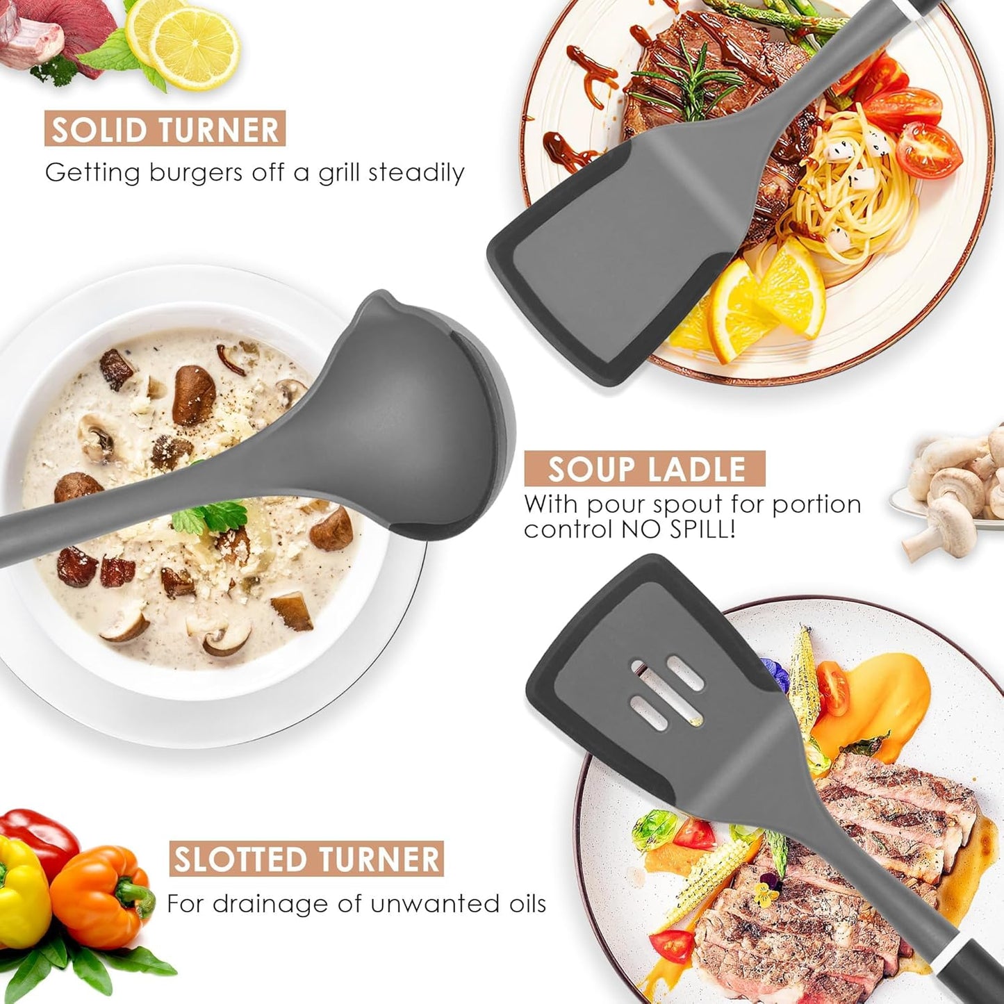 Kitchen Cooking Utensils Set, Non-Stick Spatula Set with Rotating Stand, 6 PCS Silicone Utensils Set for Cooking, 400°F Heat Resistant, Kitchen Gadgets with Nylon Handle & Stable Holder, Dark Grey