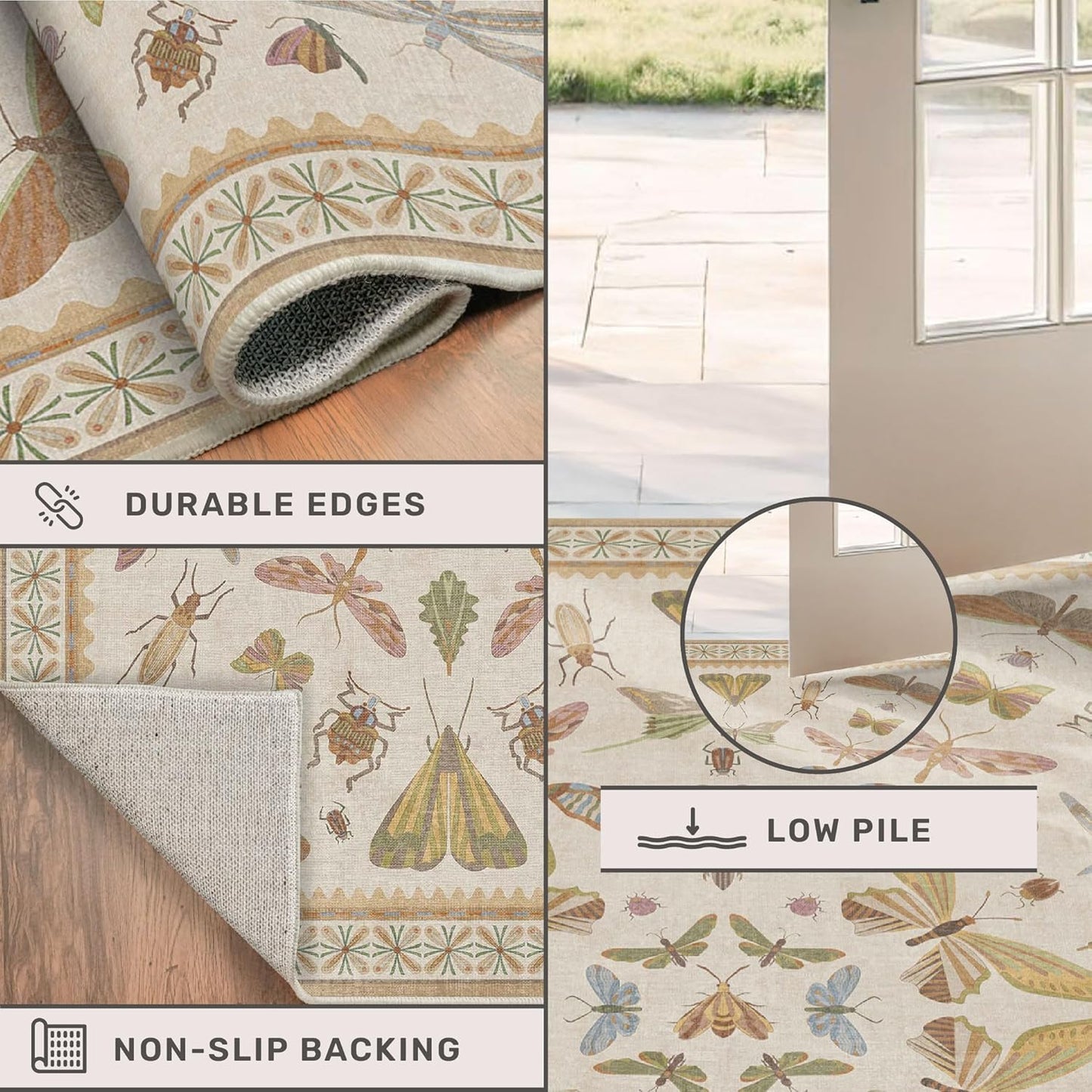 Boho 2x6 Bathroom Runner - Long Rug Runner for Laundry Room, Kitchen, Washable Non Slip Soft Stain Reistant Beige and Yellow Neutral Insect Design Decor