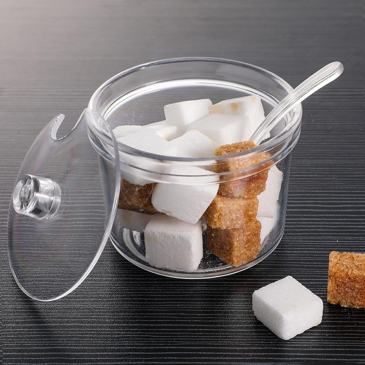 Patelai 4 Pieces Sugar Bowl Acrylic Clear Sugar Bowl with Lid and Salt Spoon Storage Jar with Airtight Lid for Salt, Tea, Spices, Herbs, Condiments(7.1 oz)