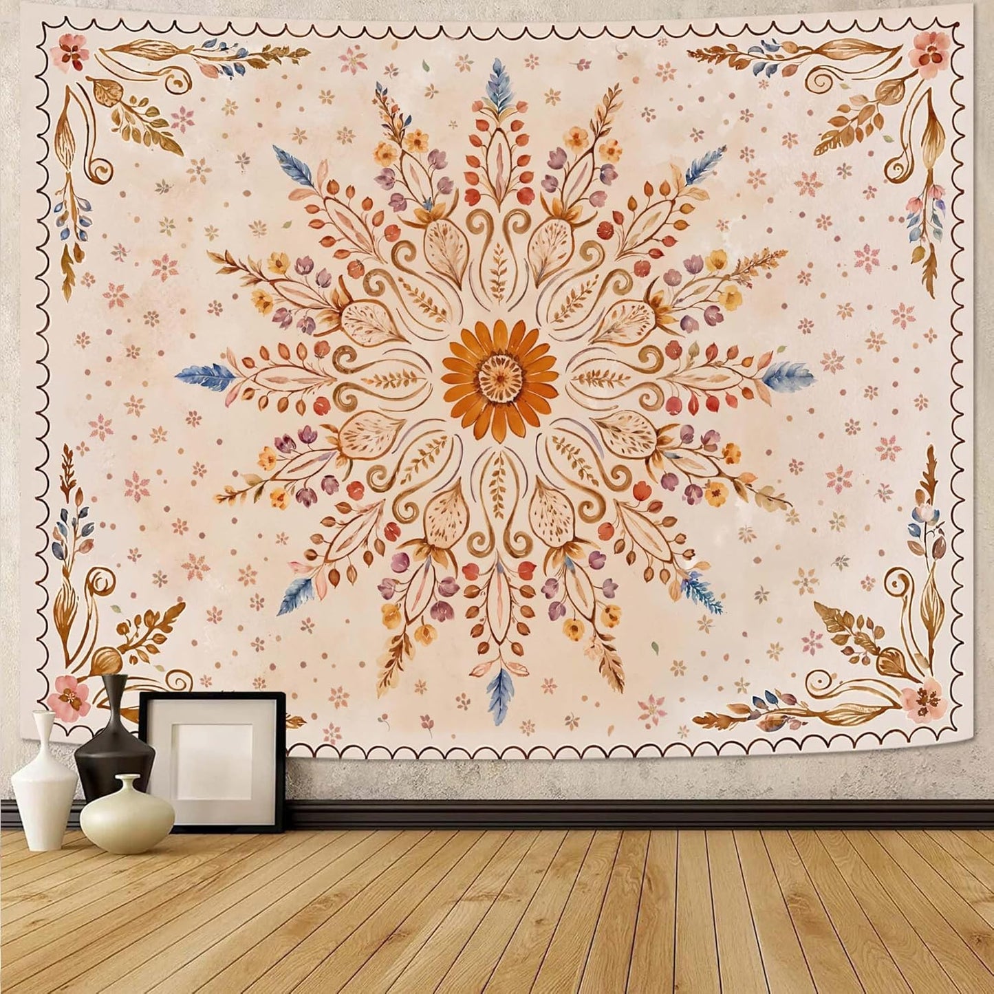 Fowocu Boho Floral Mandala Tapestry for Bedroom Aesthetic Watercolor Bohemian Flower Wall Tapestry Brown Beige Hippie Indian Extra Large Tapestries Wall Hanging for Living Room Dorm Decor 90 x 68 Inch