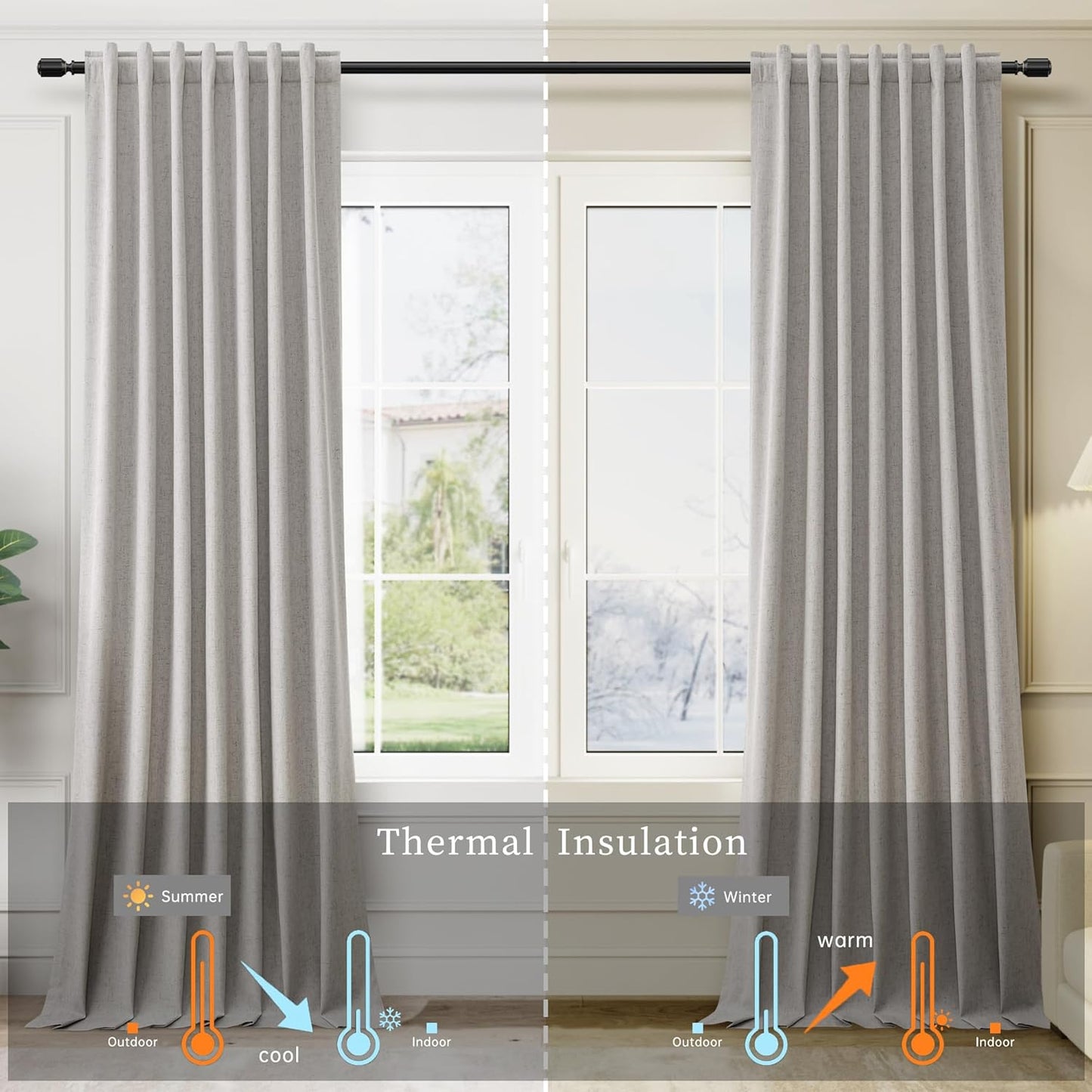 BOODII 108 Inch Black Out Curtains 2 Panels Set Back Tab Thermal Insulated Natural Linen Textured Blackout Curtains Noise Reducing Silver Gray Neutral Living Room Darkening Window Drapes 52x108