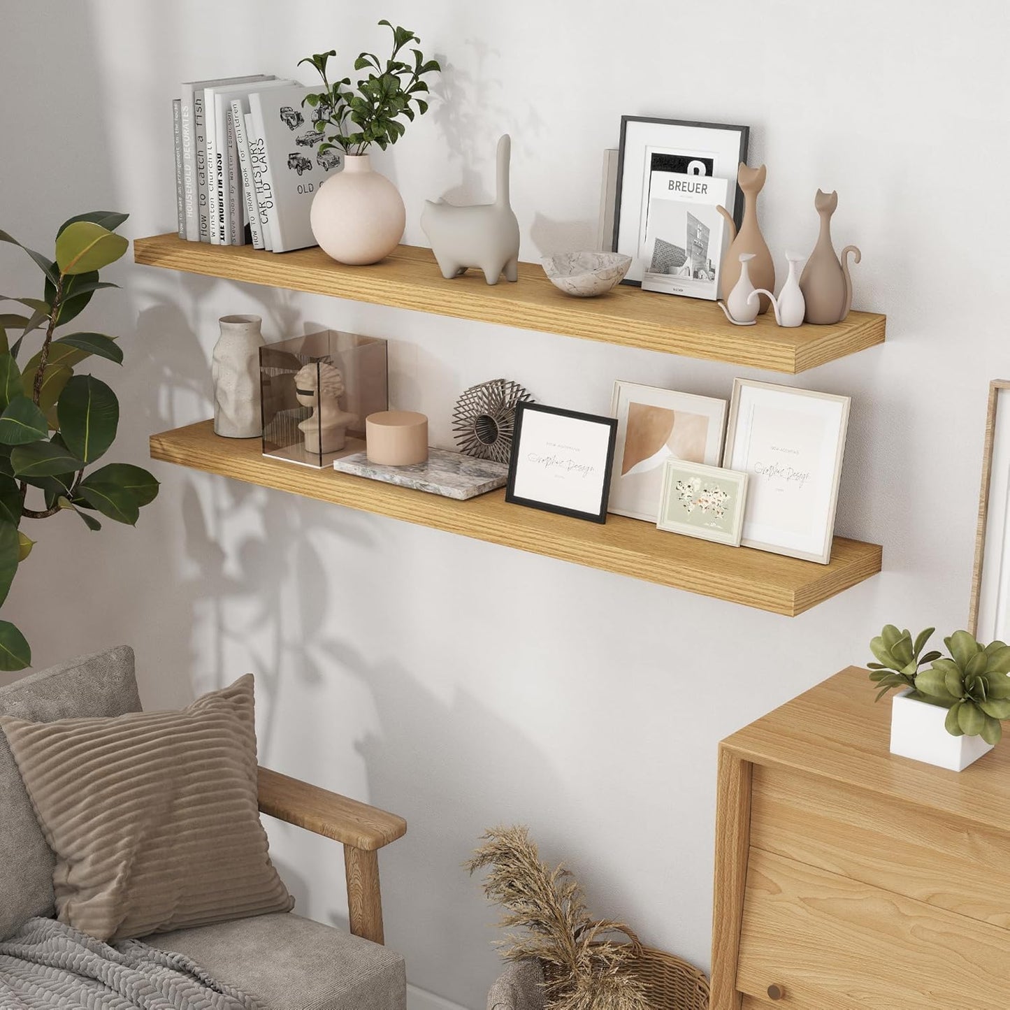 55 Inch Floating Shelves Set of 2, Rustic 55 x 9 Floating Shelf for Wall, 9 Inch Deep Wall Shelves Invisible Bracket, Large Deep Shelving for Bedroom, Kicten, Living Room, Oak Color