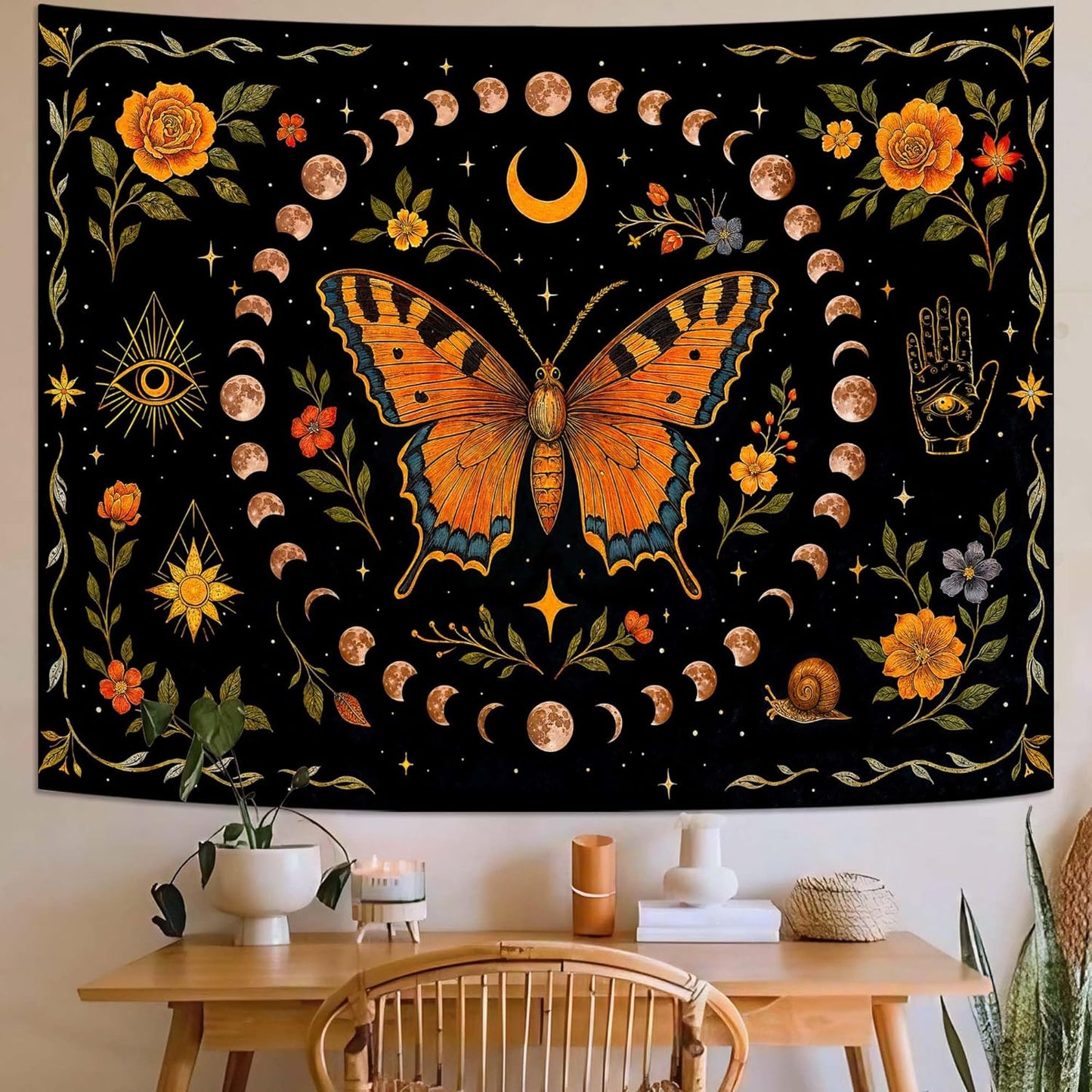 Lunerfex Moon Phase Butterfly Floral Wall Tapestry, Celestial Botanical Tapestries for Room Decor, Mystical Tapestry 60x44 Inch