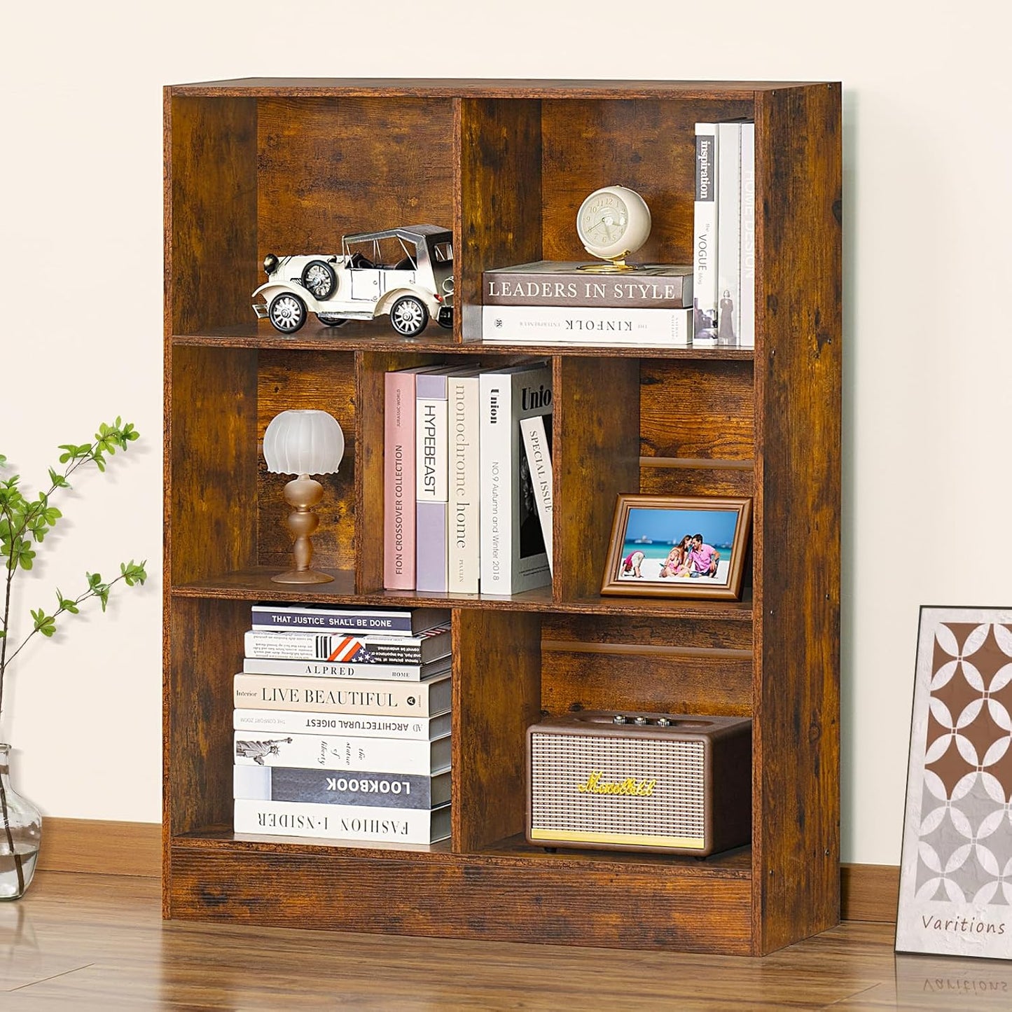 LEYAOYAO 7 Cube Bookshelf with Wood Base, Brown 3 Tier Mid-Century Modern Bookcase,Standing Wide Bookshelves Storage Organizer Shelf,Rustic Display Cabinet Book Shelves for Bedroom,Living Room,Office
