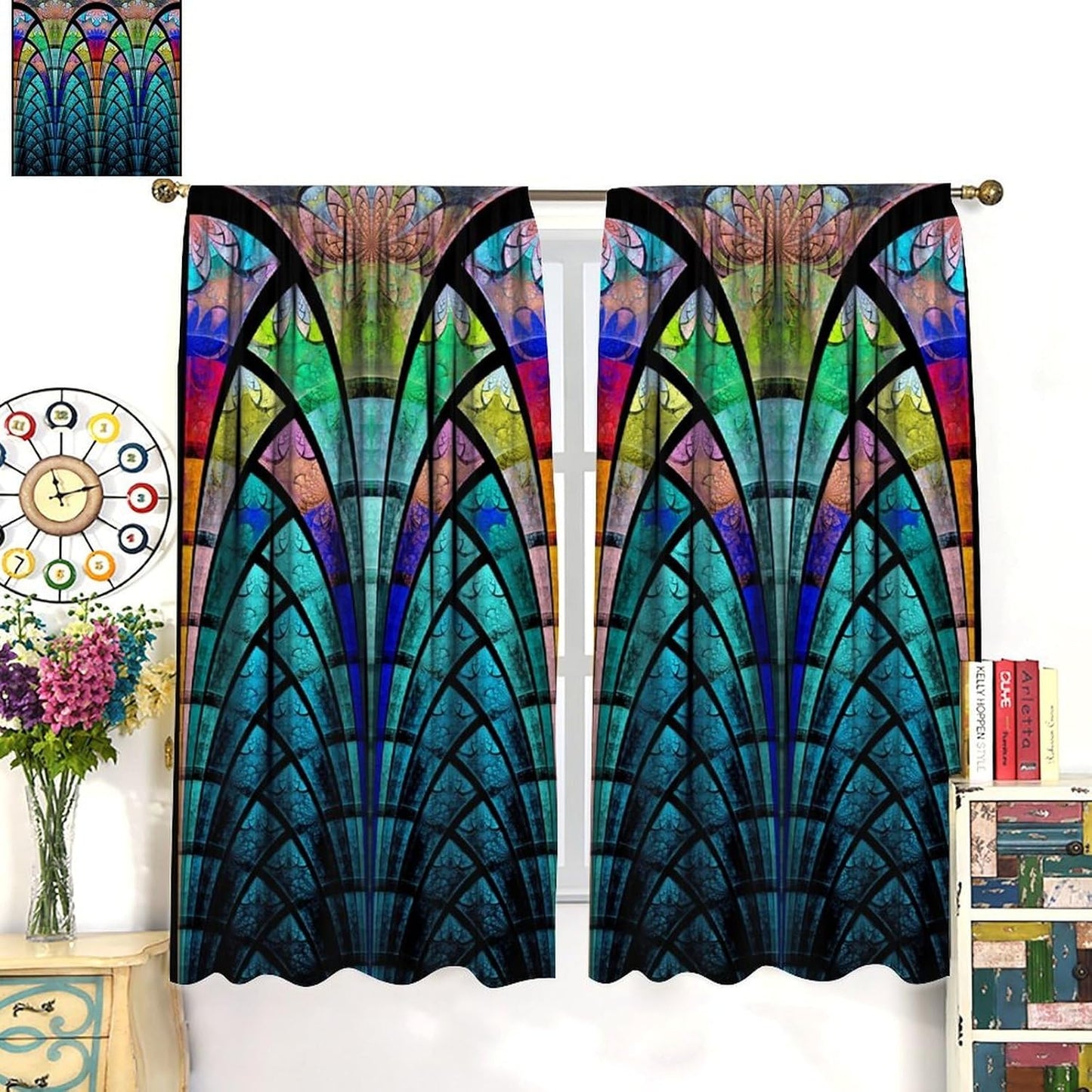 Stained Glass Curtains,Retro Design Style Colorful Abstract Art Home Decor Drapes for Bedroom Living Room Kitchen Window Treatment 2 Panels Set Total Size 72" W X 63" L Inch