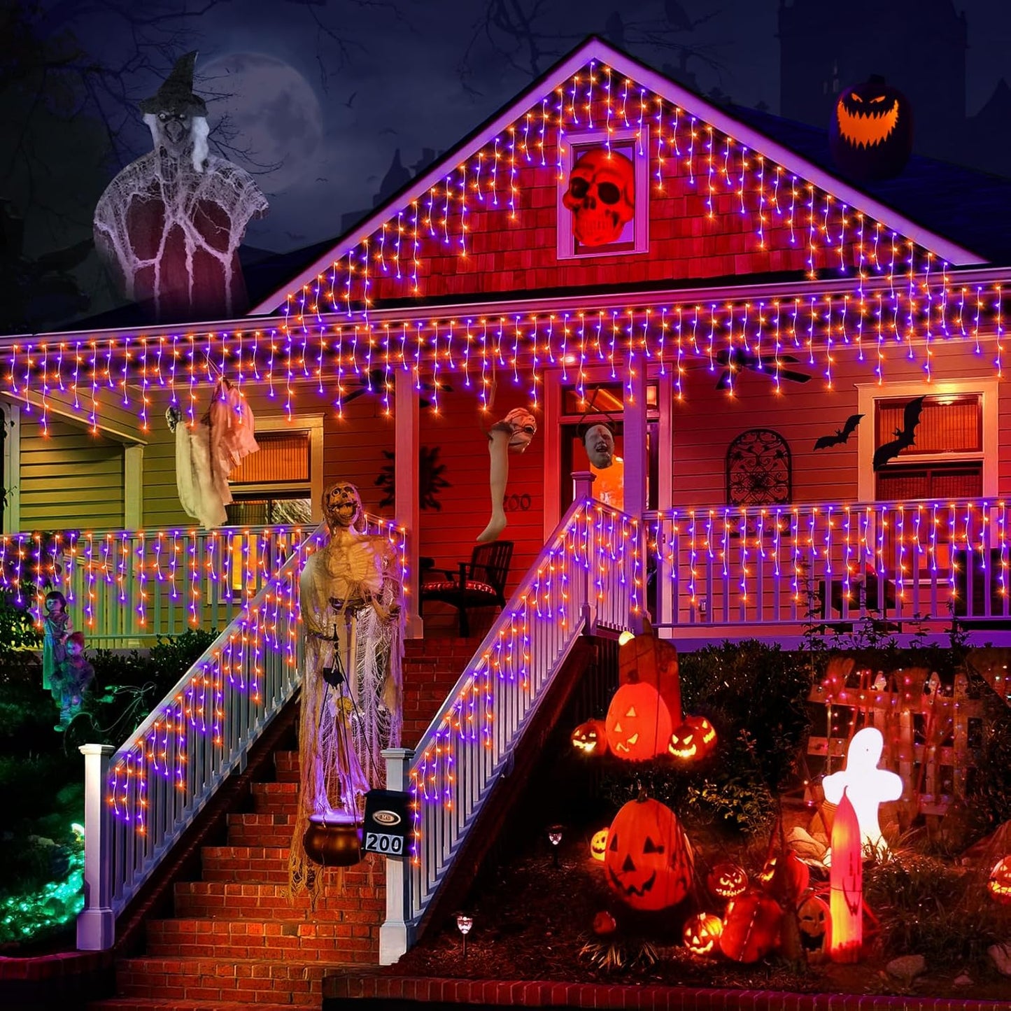 KNONEW Orange Purple Halloween Lights 33FT 400 LED String Lights Outdoor with 75 Drops, 8 Lighting Modes, Timer Memory Function Connectable Hanging Curtain Lights for Halloween Party Decor