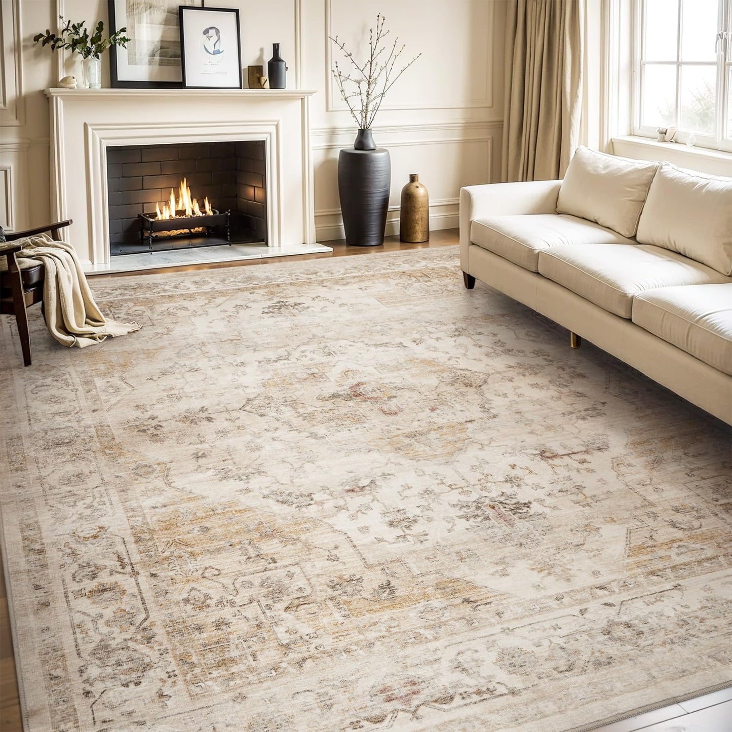 AMOAMI-Area Rug 8FT X 10FT Rugs for Living Room-Vintage Soft Beige Rugs for Bedroom-Non Slip Carpet-Washable Rug for Dining Room Living Room Bedroom Office Under Table