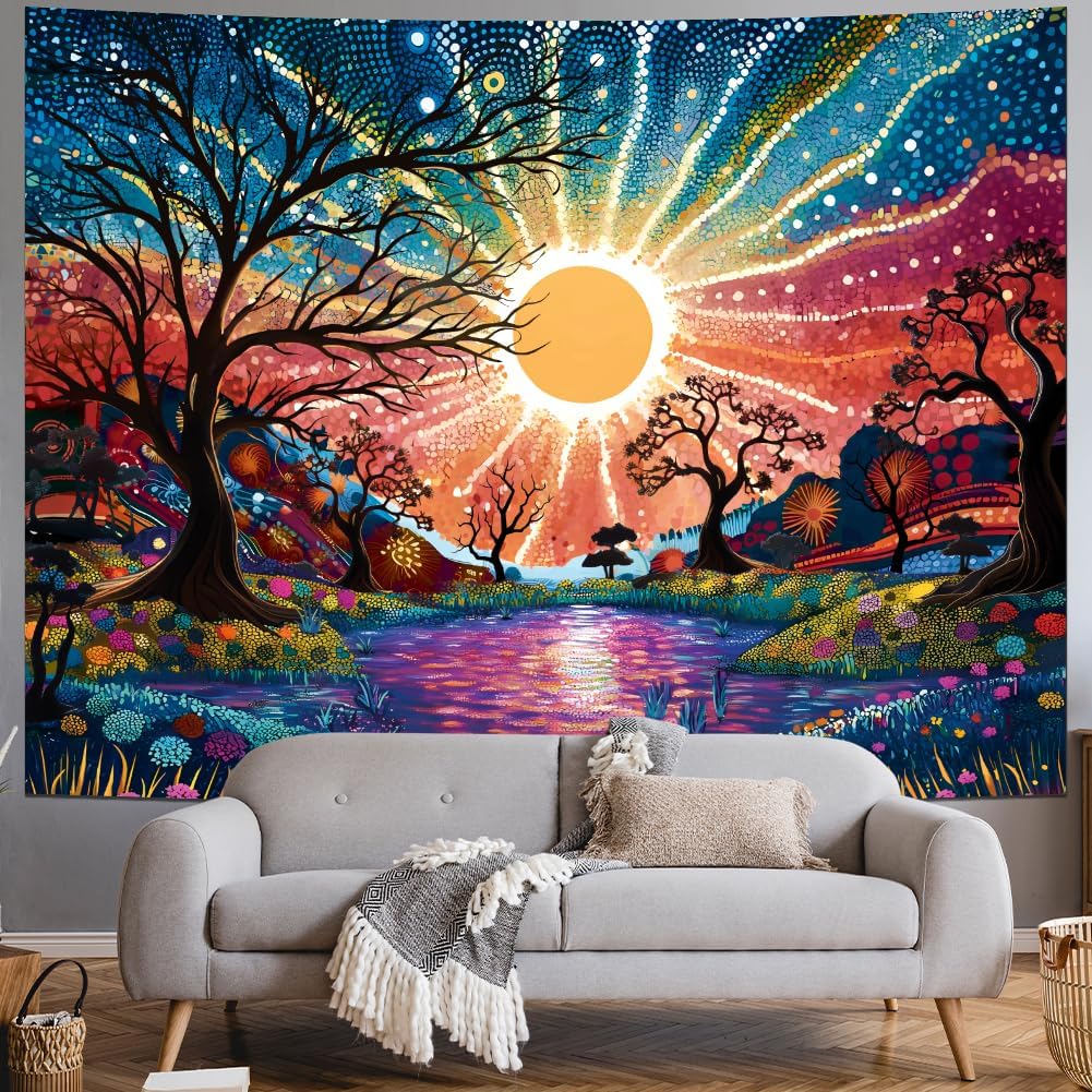 Serborlur Tree of Life Tapestry Trippy Sun Forest Tapestries Colorful Starry Sky Tapestries Hippie Nature Landscape Wall Tapestry Aesthetic Vintage Wall Hanging for Bedroom (70.8" x 92.5")