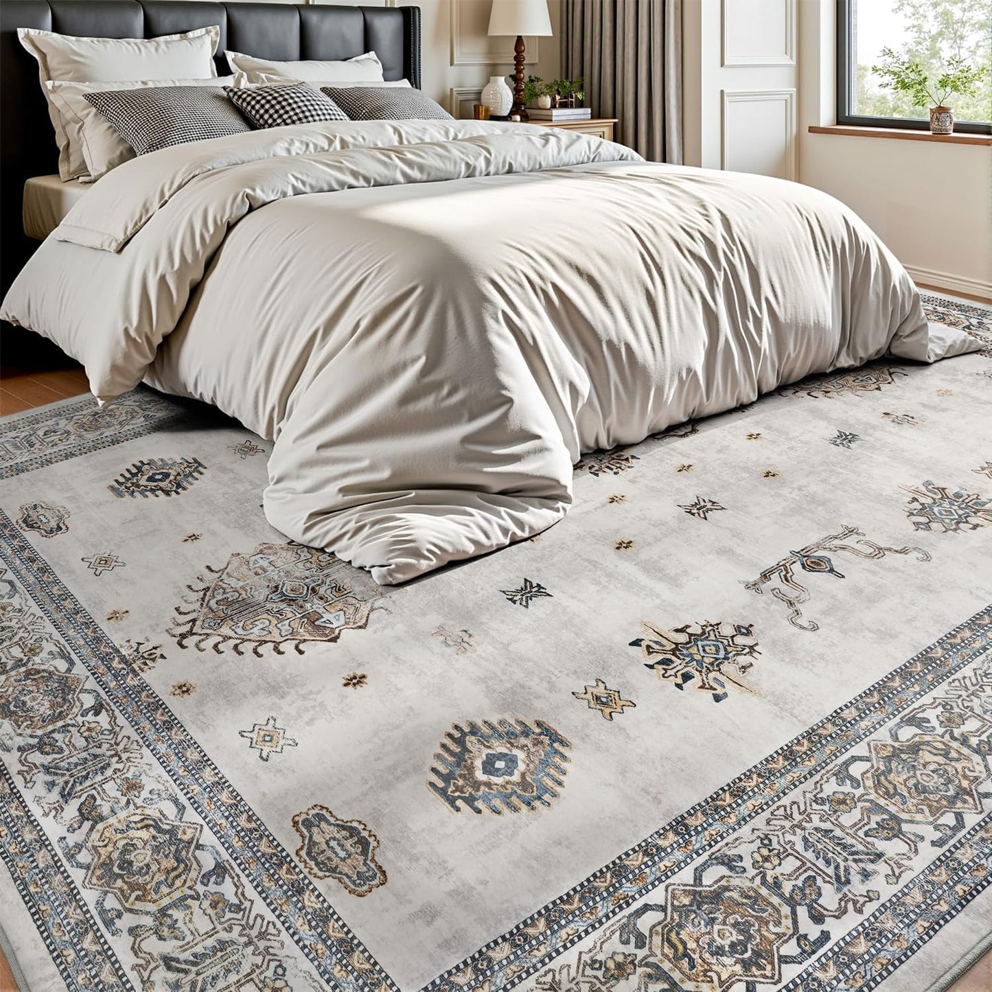 AMOAMI-Vintage Area Rug 8X10 Grey Rugs for Living Room-Soft Living Room Rug Non Slip Rugs for Bedroom Carpet Machine Washable Rug for Dining Room Bedside Office Room Decor