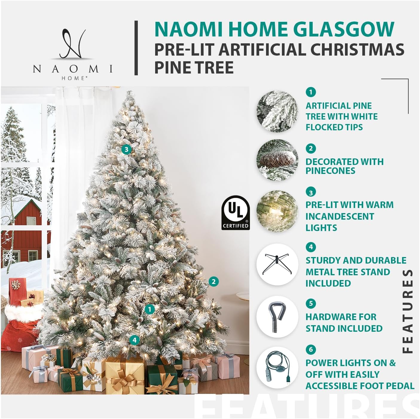 Naomi Home Artificial Christmas Tree with Lights, Prelit Christmas Tree, Christmas Tree with Lights, Pine Christmas Trees, Hinged White Christmas Trees with - Tips - Green 6.5 ft/Frosted