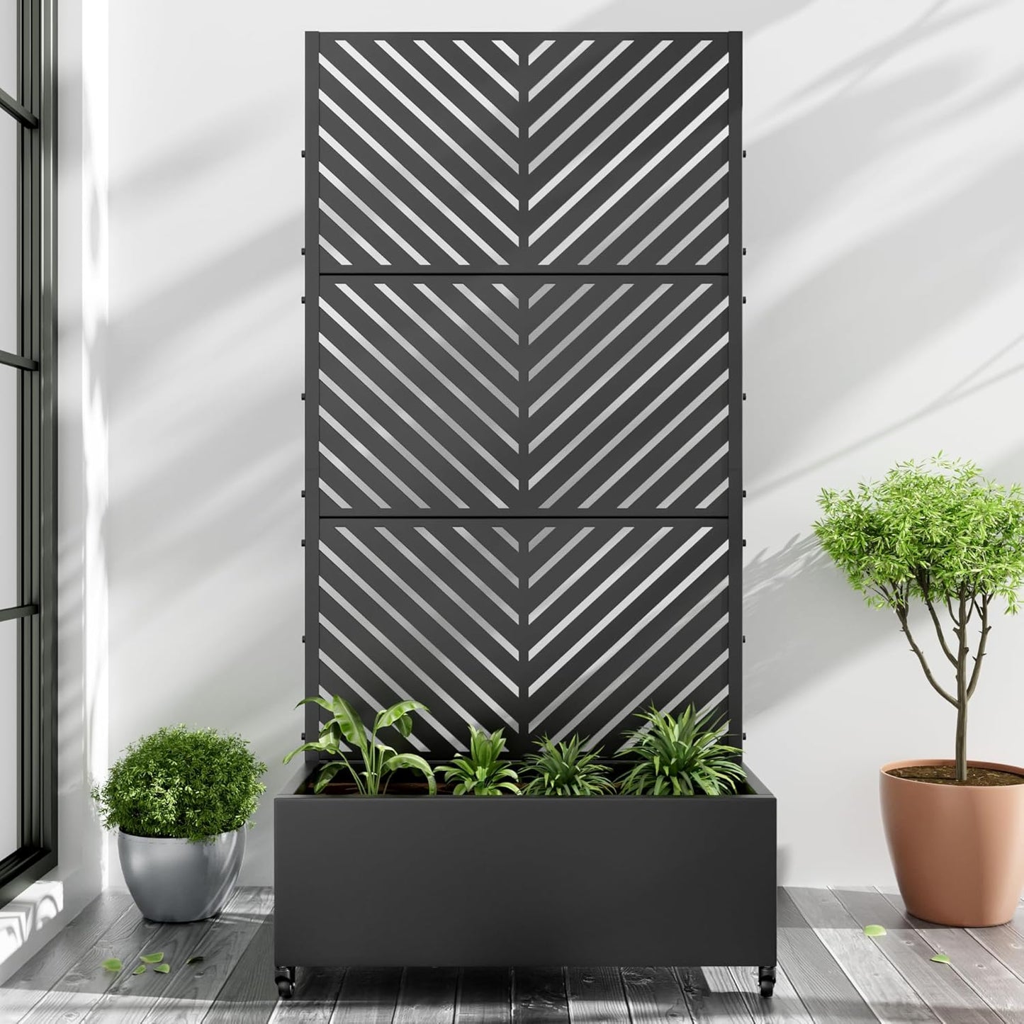 Casaphoria Metal Raised Garden Bed with Trellis and Wheels, 72"x35"x16" Planter Box for Climbing Plants, Vegetables & Vines, Features Drainage Holes and Privacy Screen (Black-Parallel)