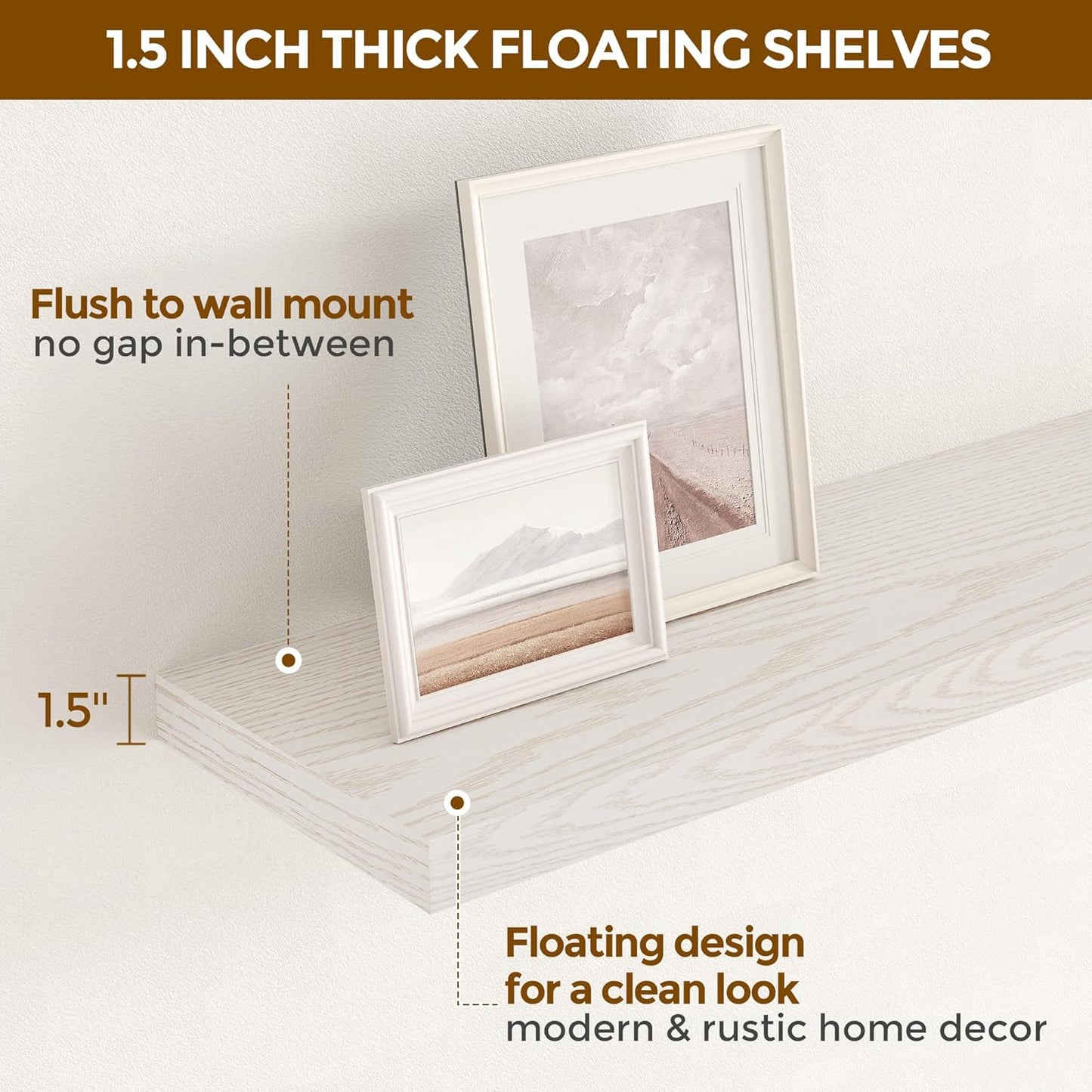 24 x 9 Floating Shelves, 9 Inch Deep Floating Shelf Wall Mounted, 24 Inch Bathroom Shelves Set of 2, Rustic Wood Wall Shelf for Bedroom, Living Room, Brich Color
