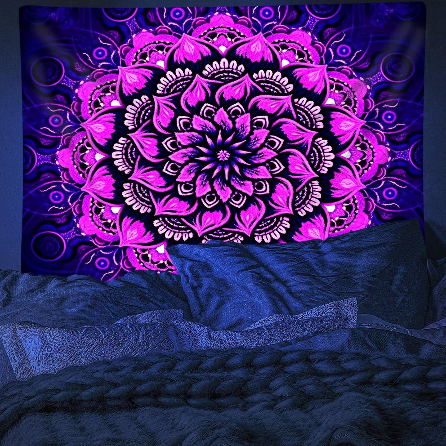 Blacklight Mandala Tapestry Wall Hanging, Psychedelic Flower Black Light Posters for Adults and Teens, UV Reactive Aesthetic Bohemian Art for Bedroom (60 x 50 Inches)