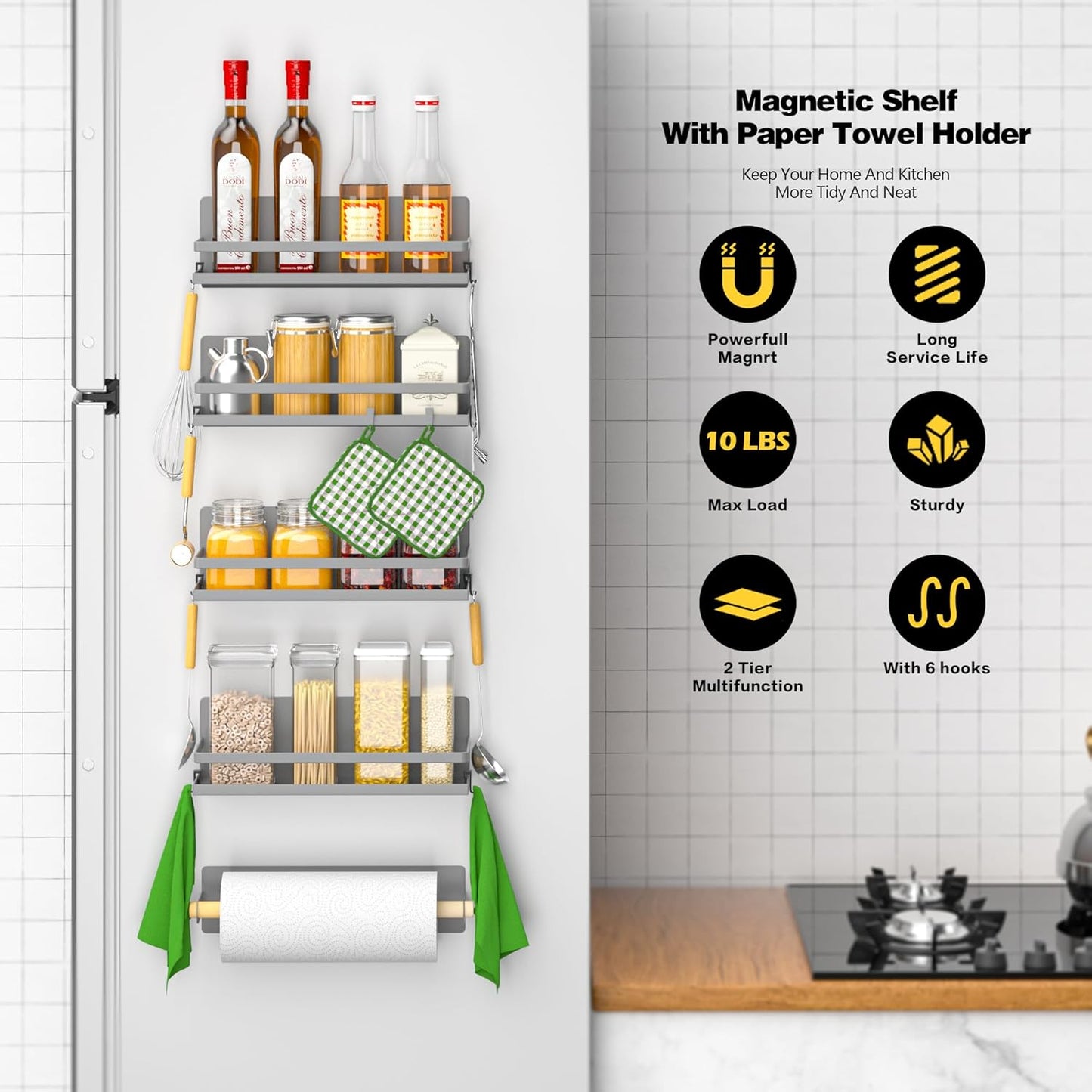 Magnetic Spice Rack for Refrigerator Moveable Magnetic Shelf Organizer Kitchen Seasoning Jars Storage Rack Fridge Magnet Organizer,Grey,4 Packs