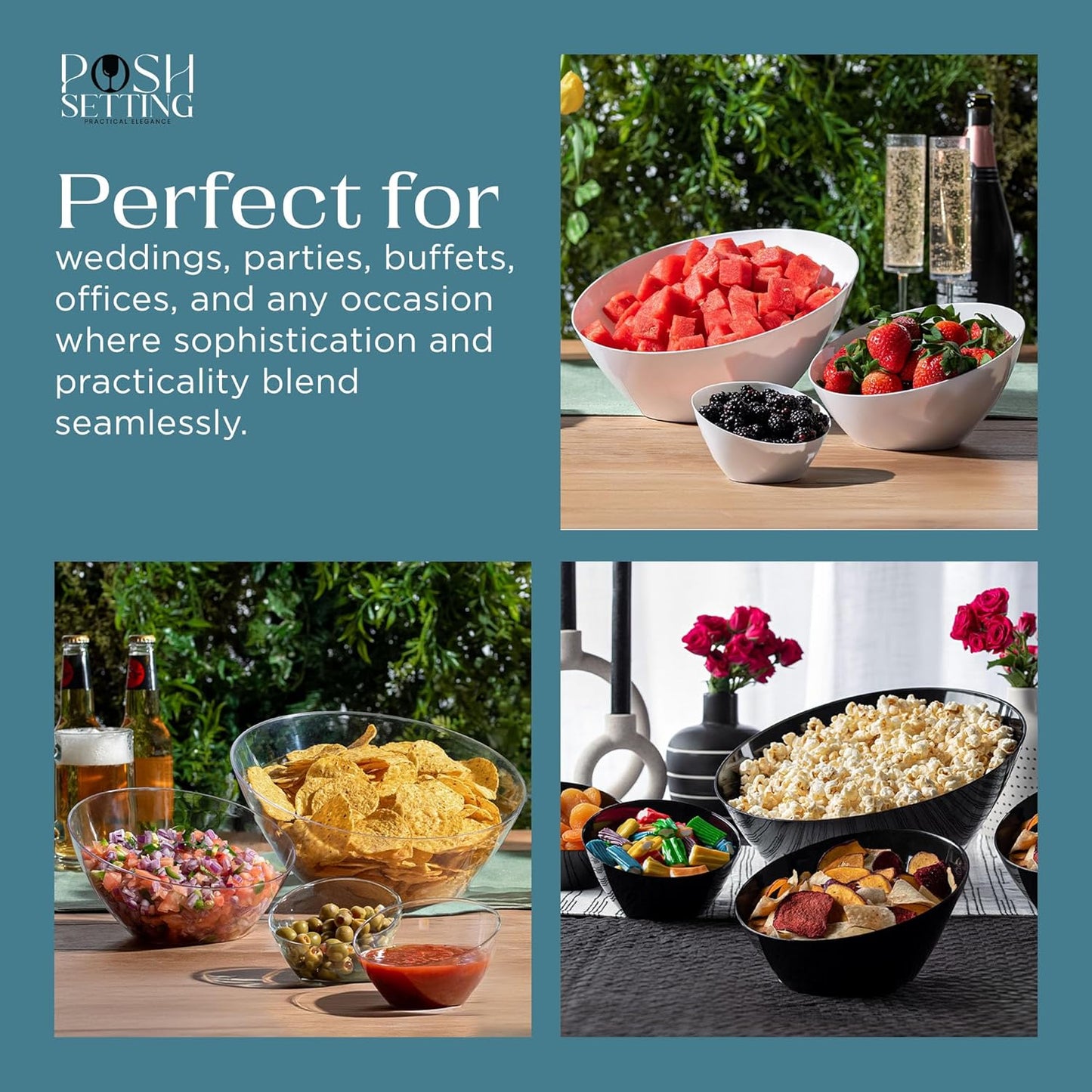 Posh Setting - Gold Plastic Serving Bowls for Party - Angled, Disposable, Chip & Candy Bowls - 54 OZ, 5 Pack