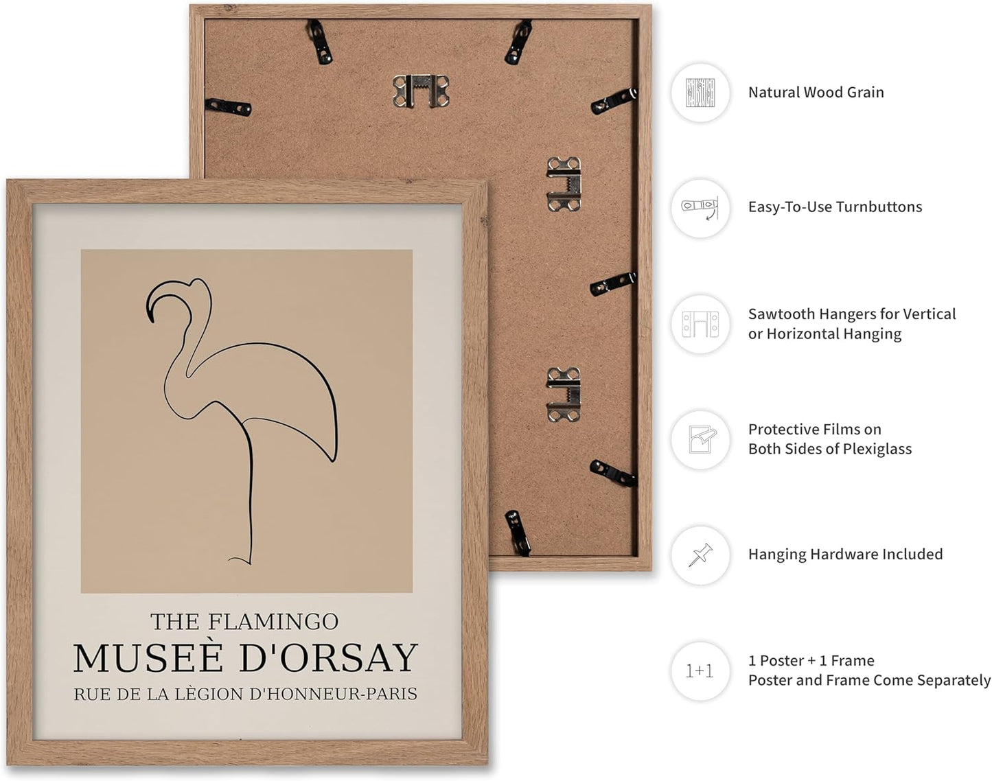 Poster Master Vintage Poster - Retro Minimalist Print - Gift for Artist, Housewarming - Flamingo, Line Drawing, Sketch, Abstract - Wall Decor for Living Room, Bedroom, 8x10 Beige Framed
