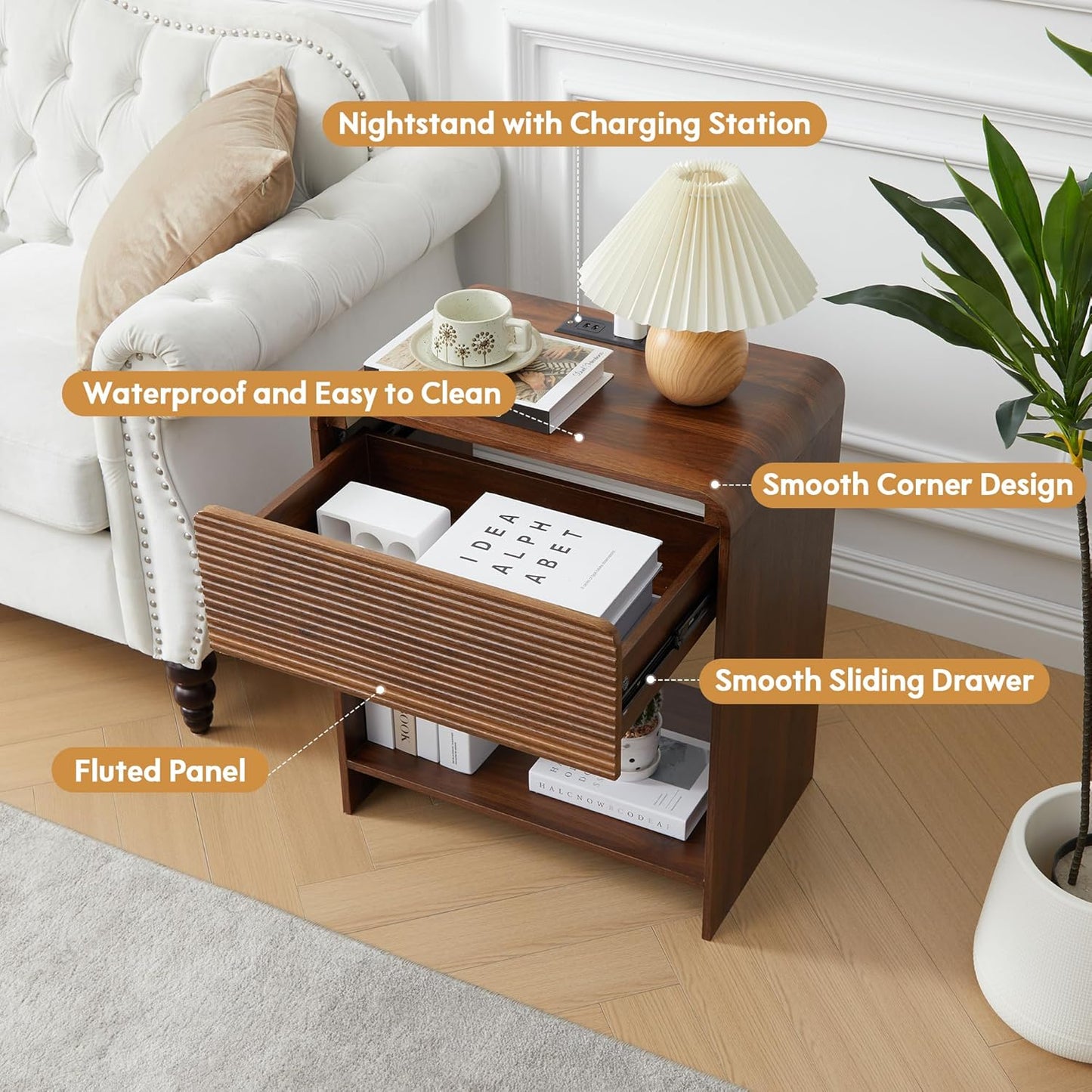 Fluted Nightstand Set of 2 with Charging Station, Modern Bed Side Table End Table with Drawer Storage, Large Wooden Night Stands Bedside for Bedroom Living Room Sofa Office, Walnut 2 Sets