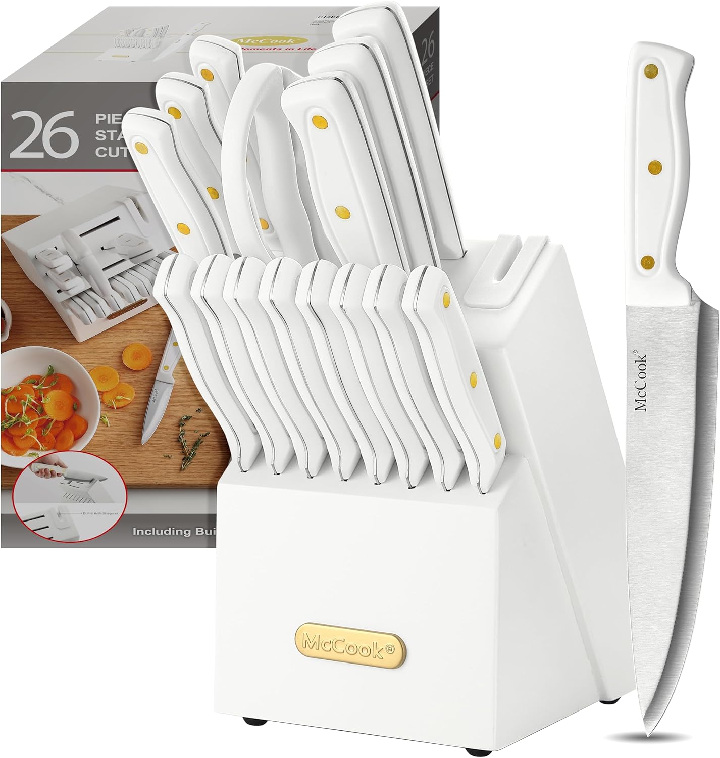 McCook® Knife Sets, White High Carbon Stainless Steel Kitchen Knife Sets with with Built-in Sharpener