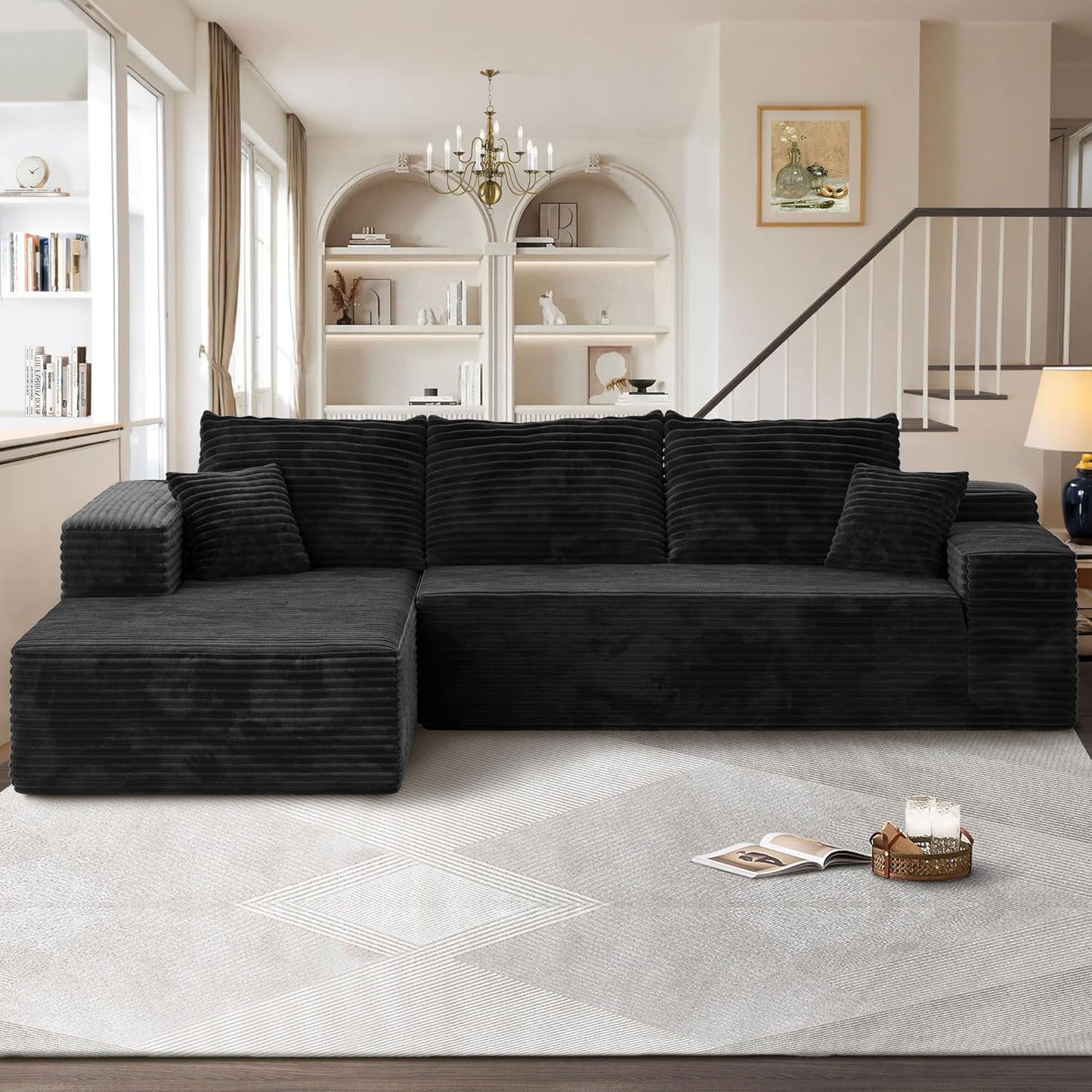 104" Cloudy Sectional L Shaped Couch for Living Room, No Assembly Required, Modular Comfy Sofa with Deep Seat, Fluffy Couch with Sleeper Chaise for Apartment Lounge (Black)