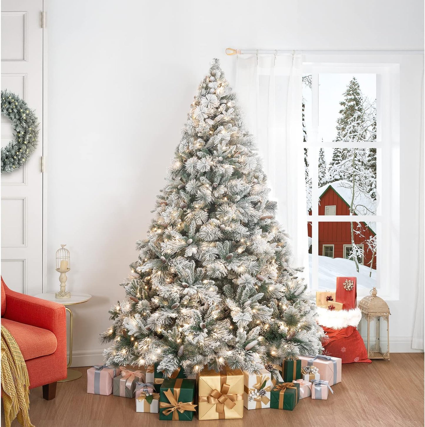 Glasgow 6.5ft Frosted Prelit Artificial Christmas Tree with Pine Cones, Foot Pedal, 1040 Branch Tips, 650 Warm Lights & Metal Stand, 56" Wide Realistic Snow Flocked Pine Christmas Tree with Lights