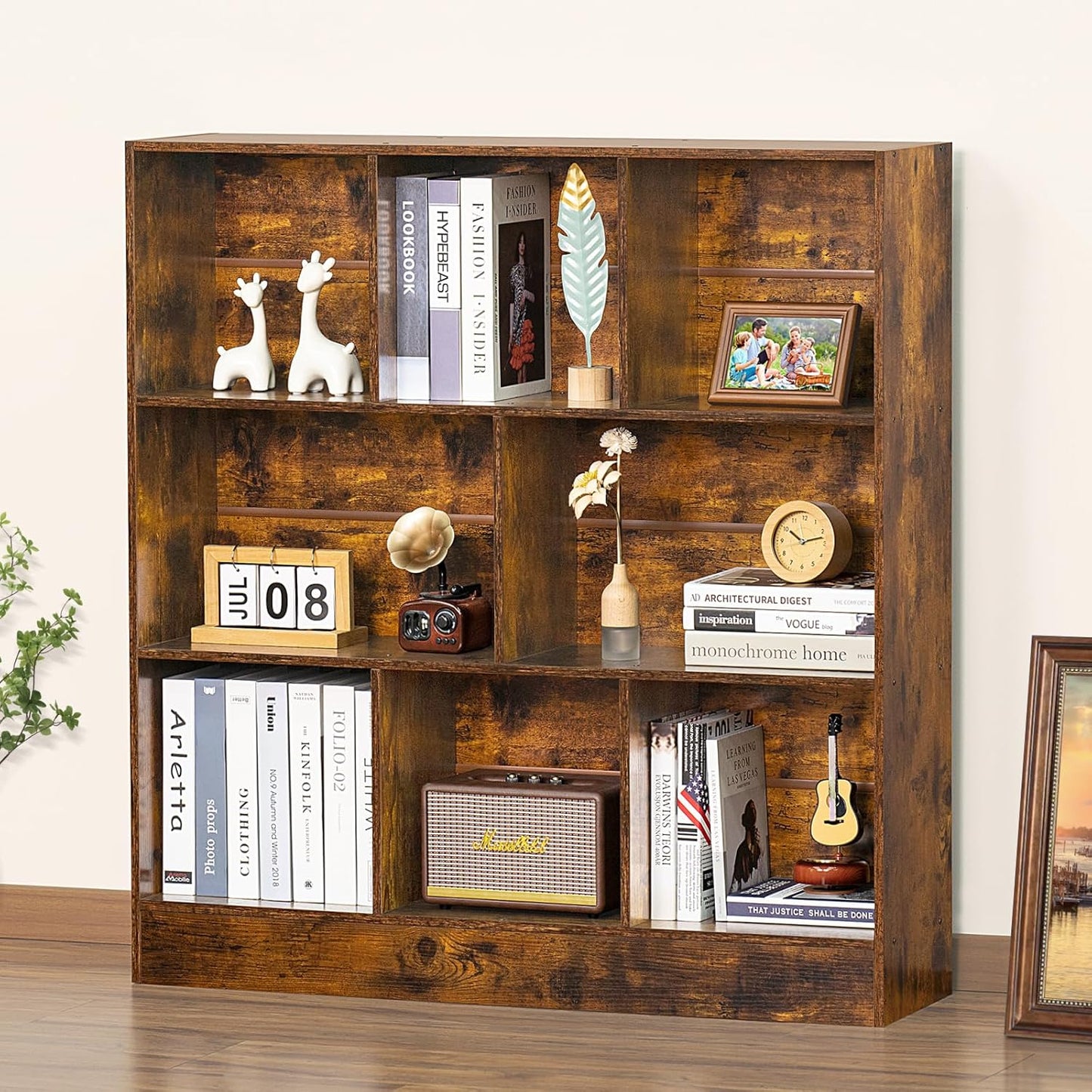 LEYAOYAO 8 Cube Bookshelf with Wood Base, Brown 3 Tier Mid-Century Modern Bookcase,Standing Wide Bookshelves Storage Organizer Shelf,Rustic Display Cabinet Book Shelves for Bedroom,Living Room,Office