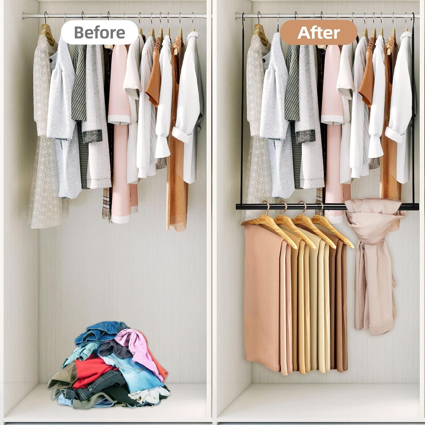 STORAGE MANIAC Hanging Closet Rod, Adjustable Width and Height Closet Hanging Organizer, Space-Saving Clothes Hanging Bar, Closet Extender Hanging Rod Double Closet Hanging Rod, 2 Pack Black