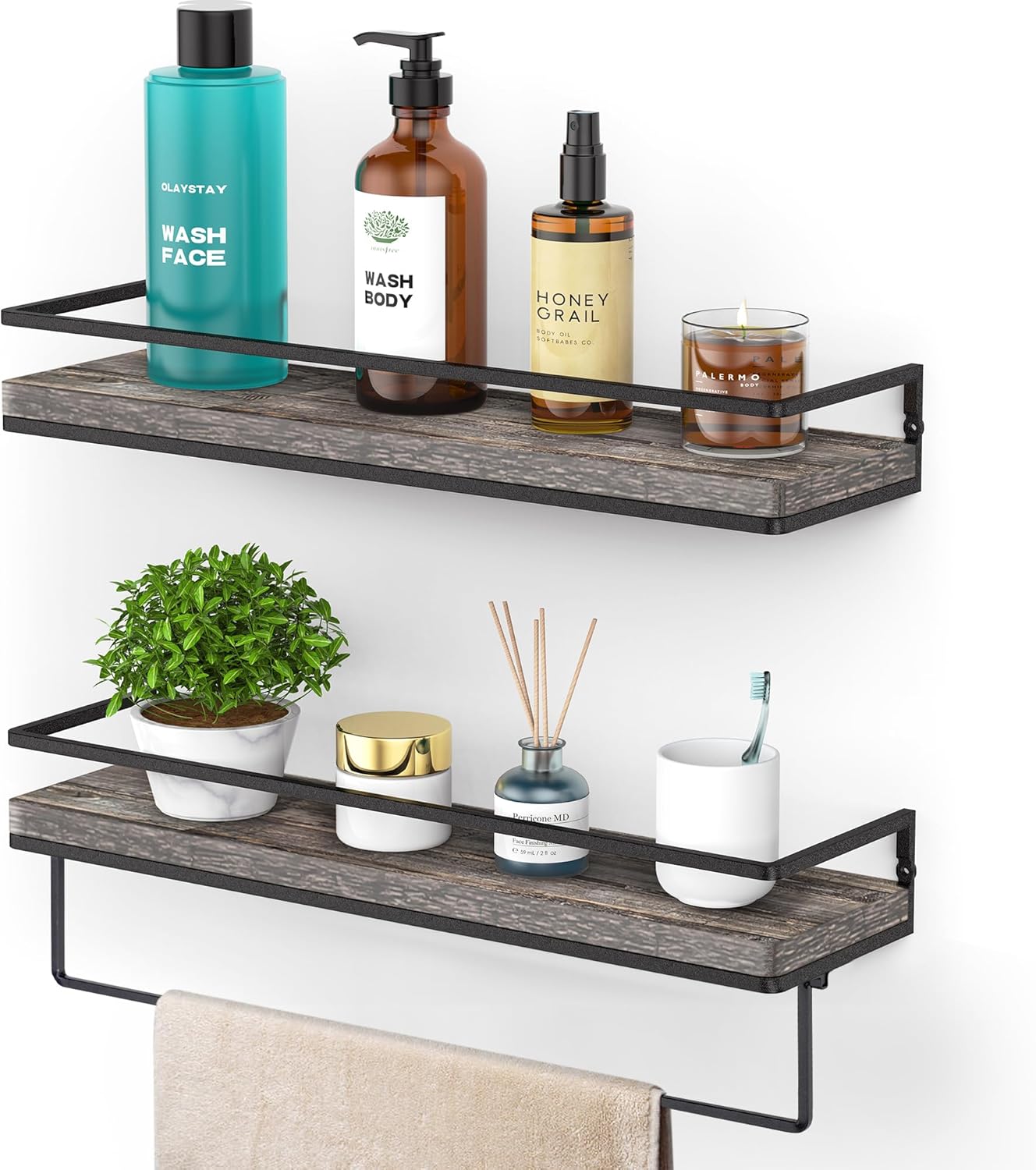 Meangood Floating Shelves Wall Mounted Set of 2, Wall Shelf with Towel Bar Rustic Wood Wall Storage Shelves for Bedroom,Living Room,Bathroom, Kitchen Pine