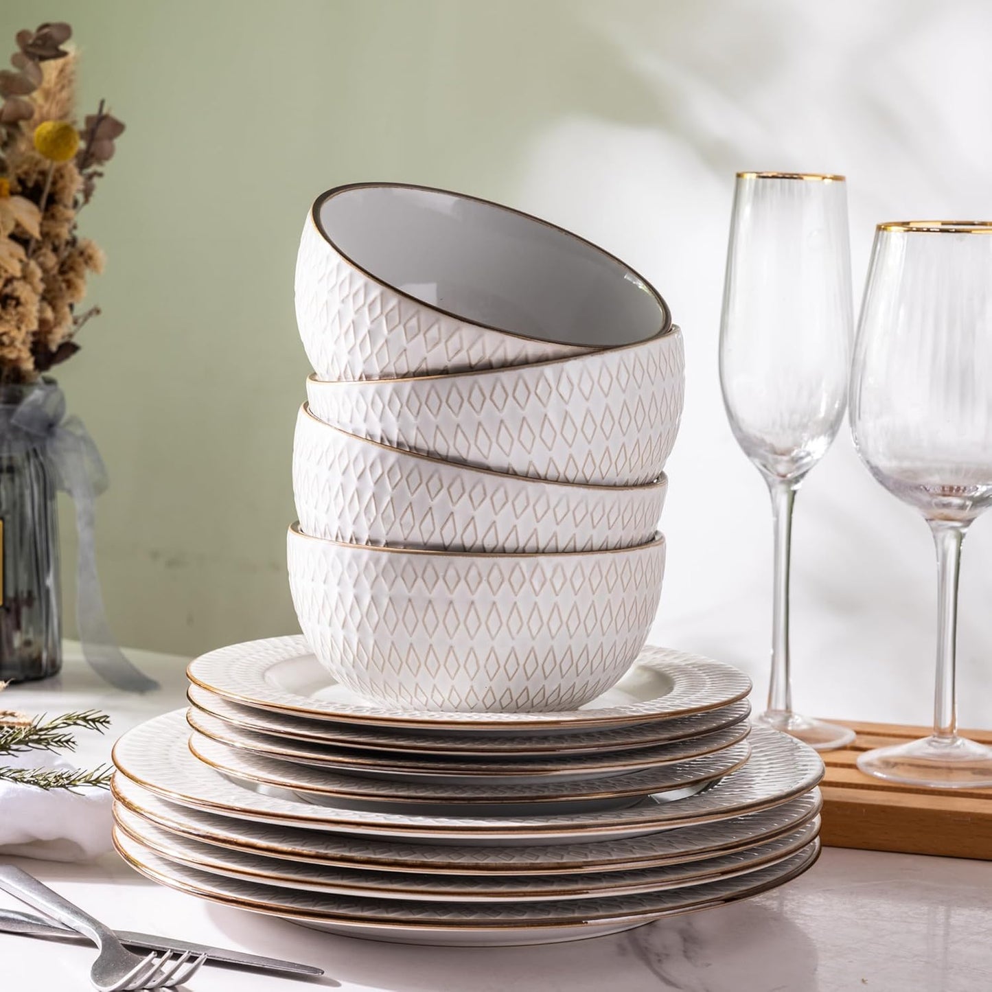 GBHOME Ceramic Dinnerware Sets,12 pcs Embossed Elegant Stoneware Plates and Bowls Sets, Housewarming Wedding Gift | Dishwasher & Microwave Safe | Dishes Set Service for 4