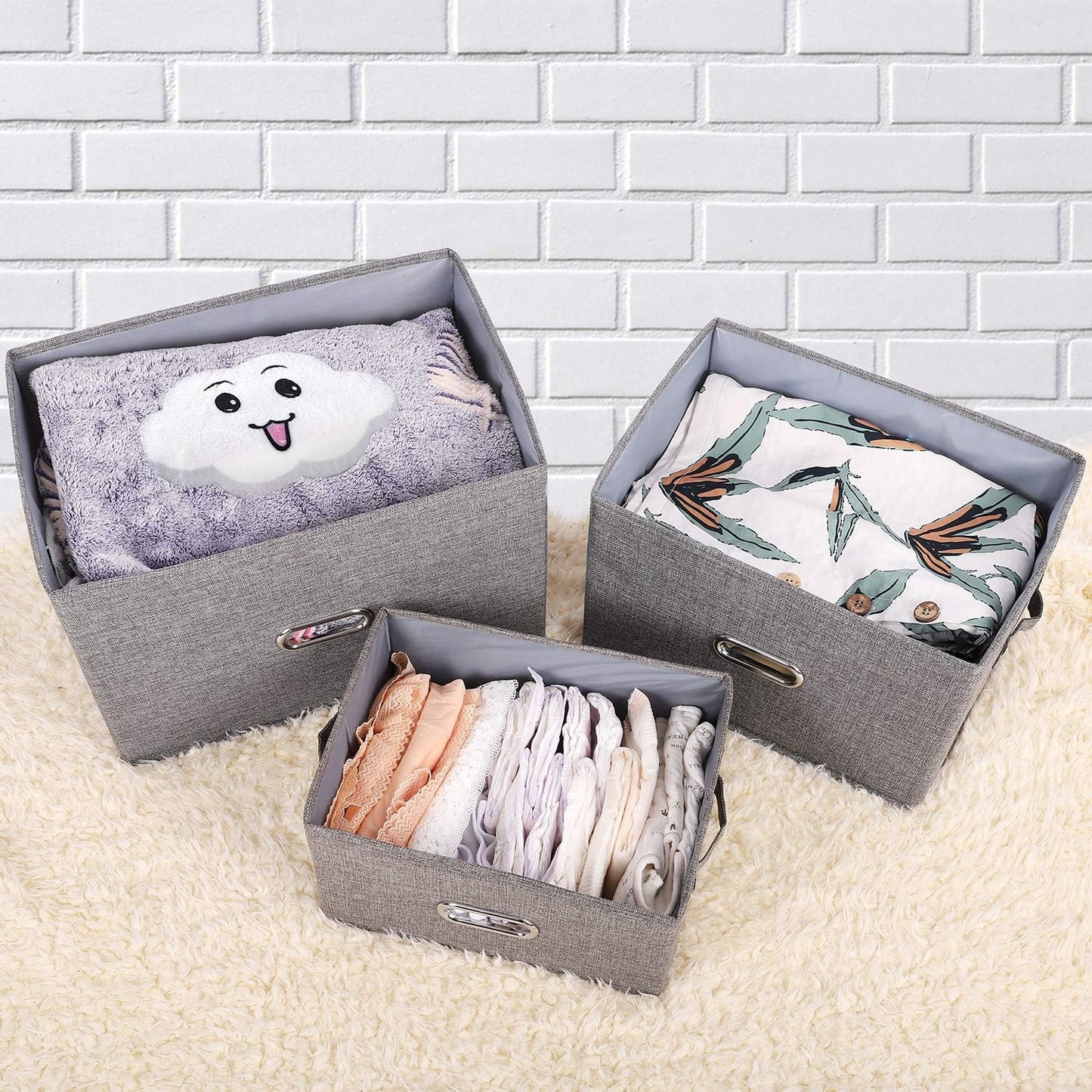 Large Linen Fabric Foldable Storage Bins with Removable Lid and Handles, Washable Storage Box Organizer Containers Baskets Cube with Cover for Bedroom,Office(Cream, Large)