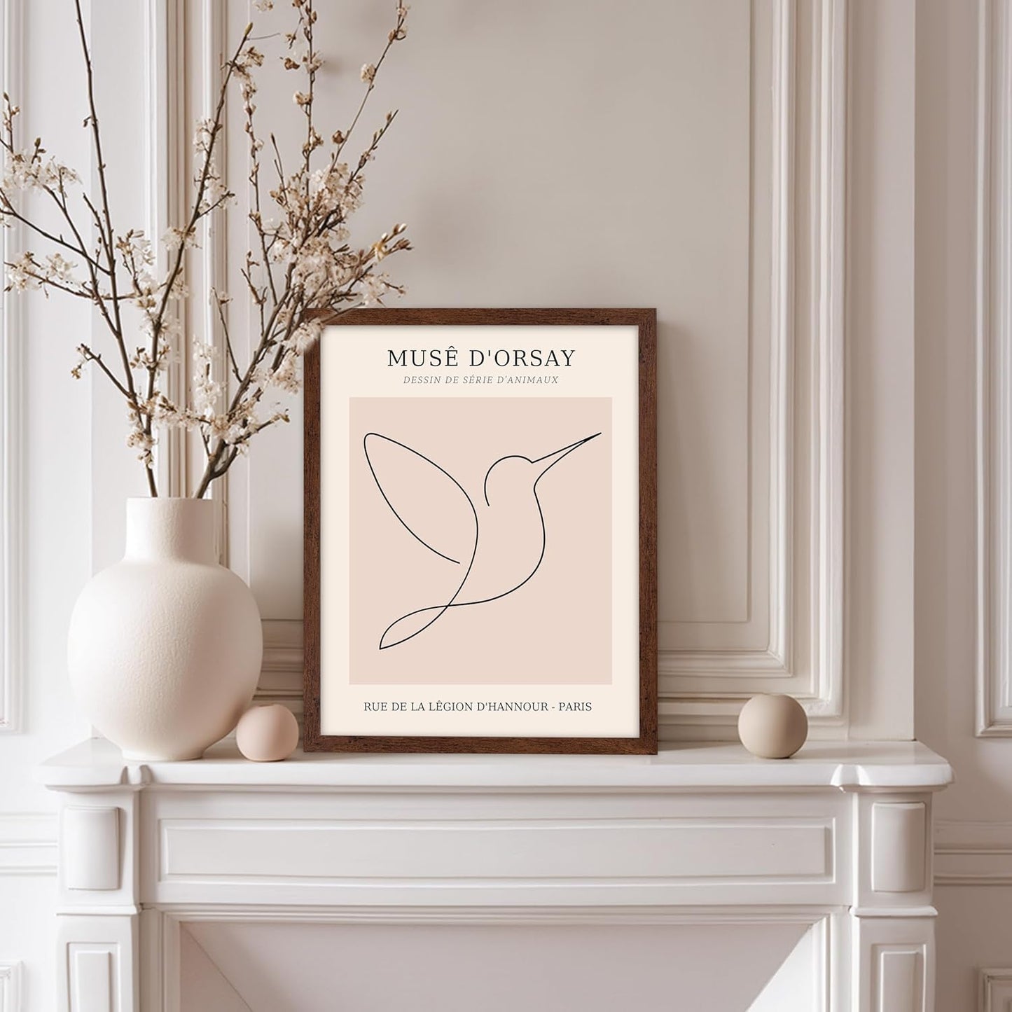 Poster Master Vintage Poster - Retro One Line Hummingbird Drawing Print - Bird Line Art - Minimal Gift for Him, Her, Animal Lover - Abstract Decor for Home, Office, 11x14 Brown Framed