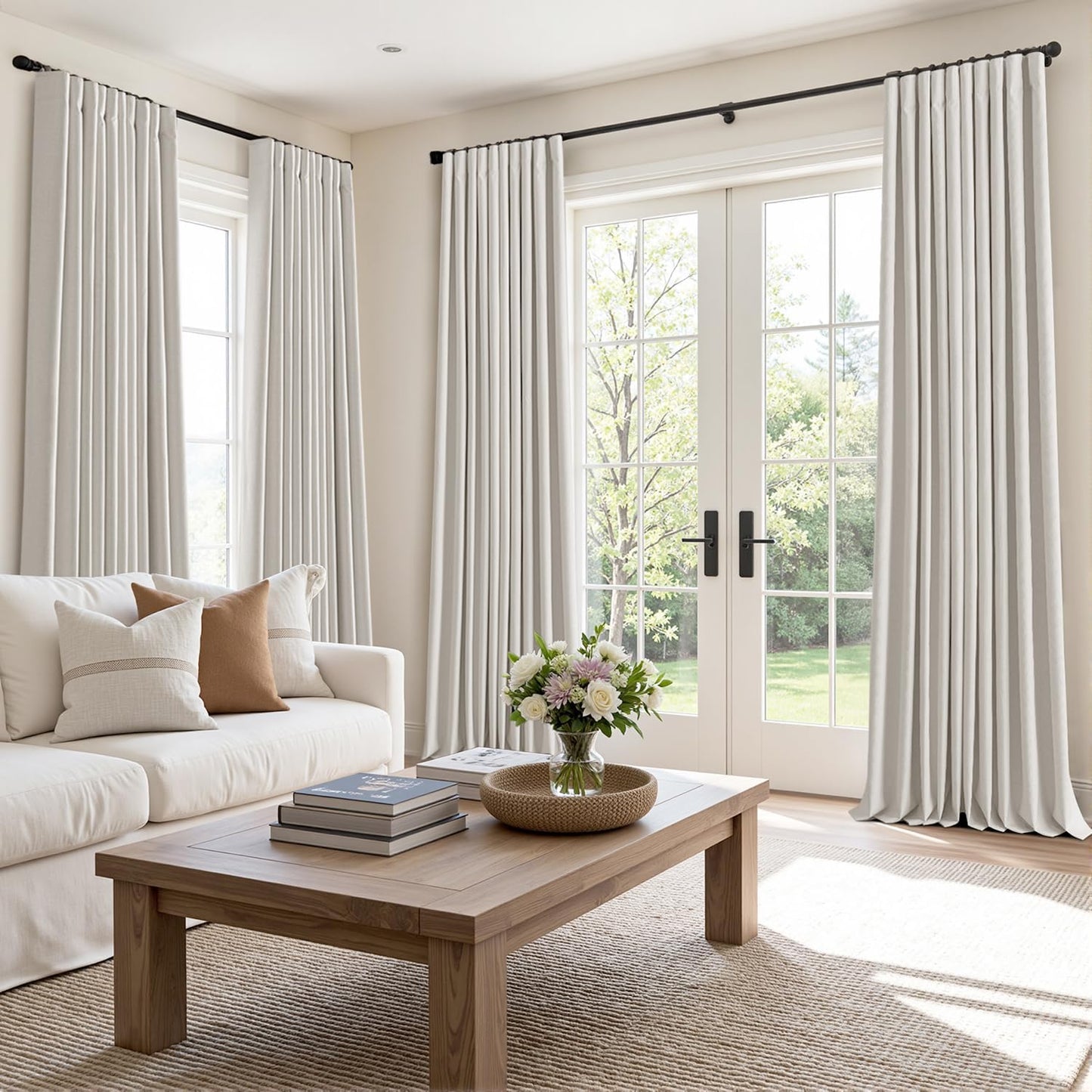MIULEE 100% Blackout Curtains 120 Inch Long 2 Panels Set for Bedroom, Thick Faux Linen Black Out Curtain Room Darkening Back Tab Pleat Window Textured Drapes with Hooks for Living Room, Light Beige