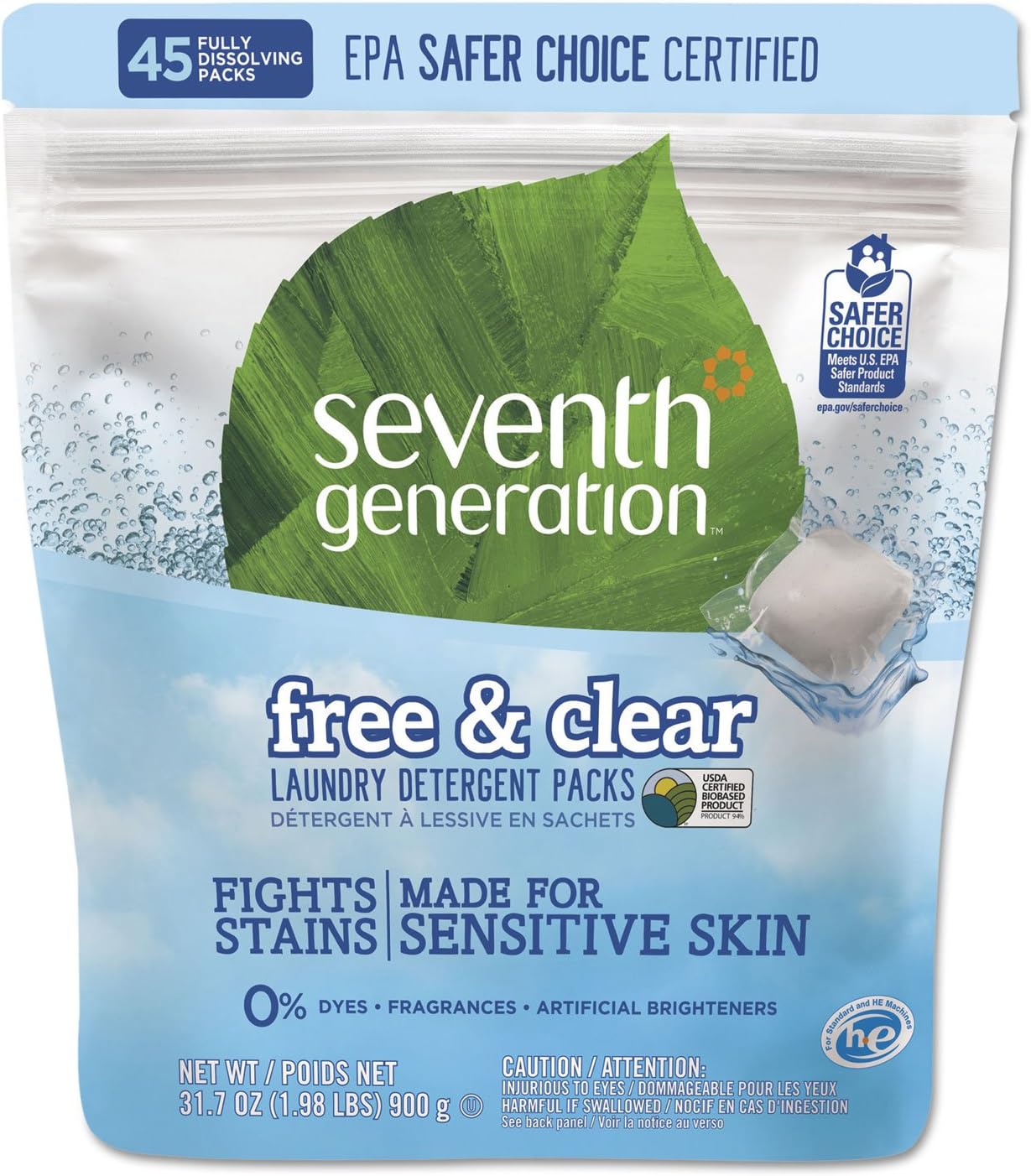 Natural Laundry Detergent Packs, Powder, Unscented, 45 Packets/Pack, 8/Carton