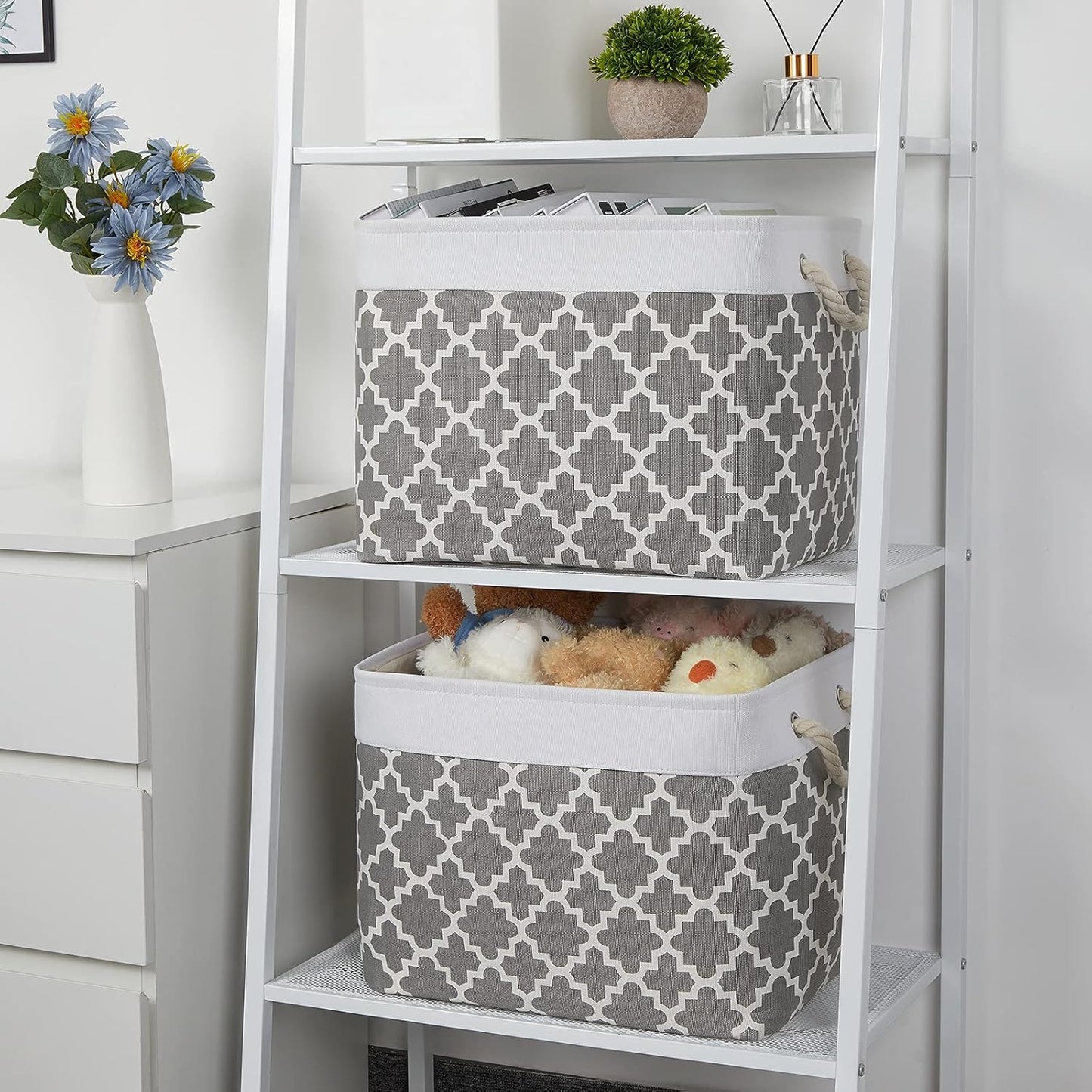 Bidtakay Large Fabric Storage Basket Set of 2 Collapsible Rectangle Basket for Shelves 16" X 11.8" X 11.8" Decorative Organizer Bins for Clothes Toys(White&Quatrefoil Grey)