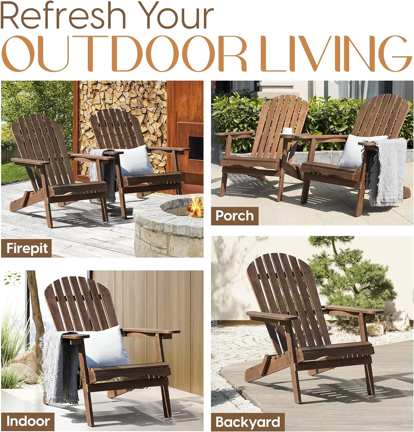 IDZO Outdoor Adirondack Chair Set of 2, Pre-Assembled Backrest, Patio Furniture Set, Outdoor Furniture for Garden, Porch, Deck, Firepit