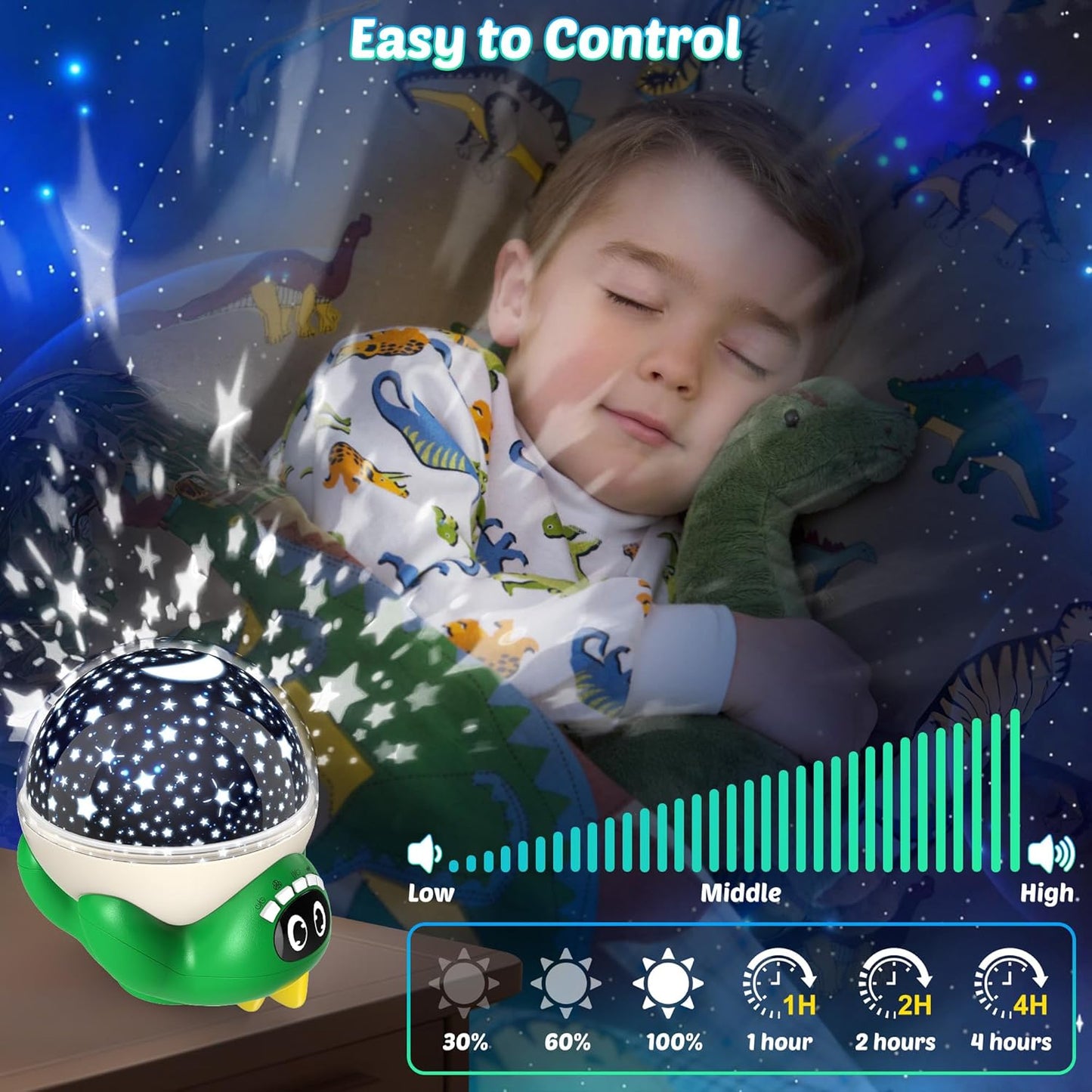 Dinosaur Night Light Projector for Kids Green Dino Toys for Boys, Star Night Lights with Music and Timer, 17 Mode Color Changing Lamp with Remote, Christmas Birthday Gift for Baby Girl Boy